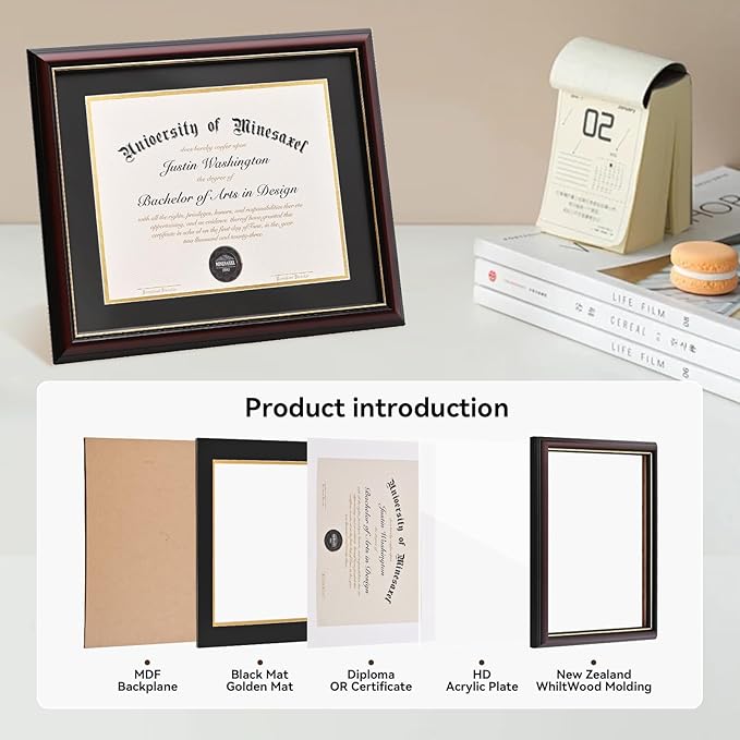 Solid Wood Diploma Frame 8.5 x 11 Certificate Frames with Red Mat or 11x14 Document without Mat as Graduation Picture Frame-CA graduation