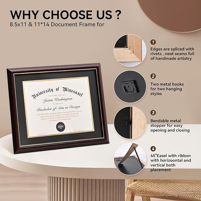 Solid Wood Diploma Frame 8.5 x 11 Certificate Frames with Red Mat or 11x14 Document without Mat as Graduation Picture Frame-CA graduation