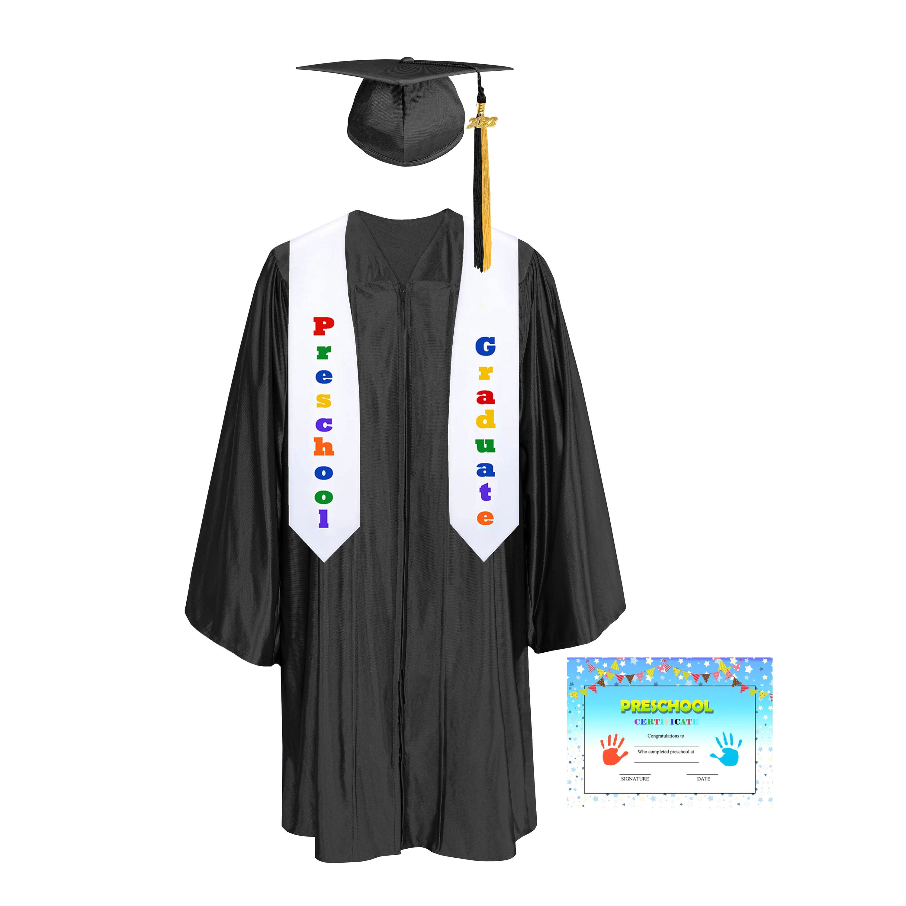 Shiny Kindergarten Graduation Colorful Tassel Cap, Gown, Stole & Diploma - CA Graduation Shiny Kindergarten Graduation Colorful Tassel Cap, Gown, Stole & Diploma - CA Graduation