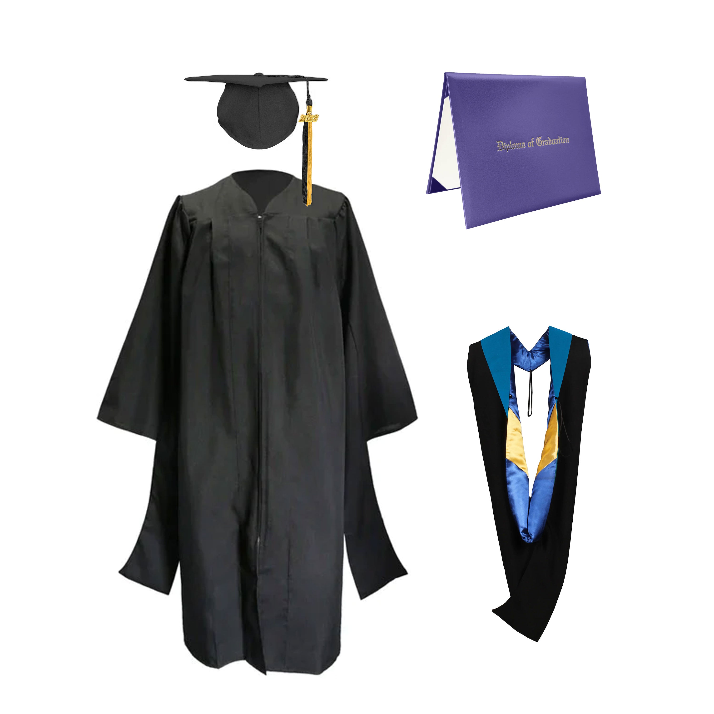 Classic Master Graduation Gown and Cap, Tassel, Hood & Diploma - CA Graduation Sky Blue-Sky Blue-Gold / Imprinted Classic Master Graduation Gown and Cap, Tassel, Hood & Diploma - CA Graduation Sky Blue-Sky Blue-Gold / Imprinted