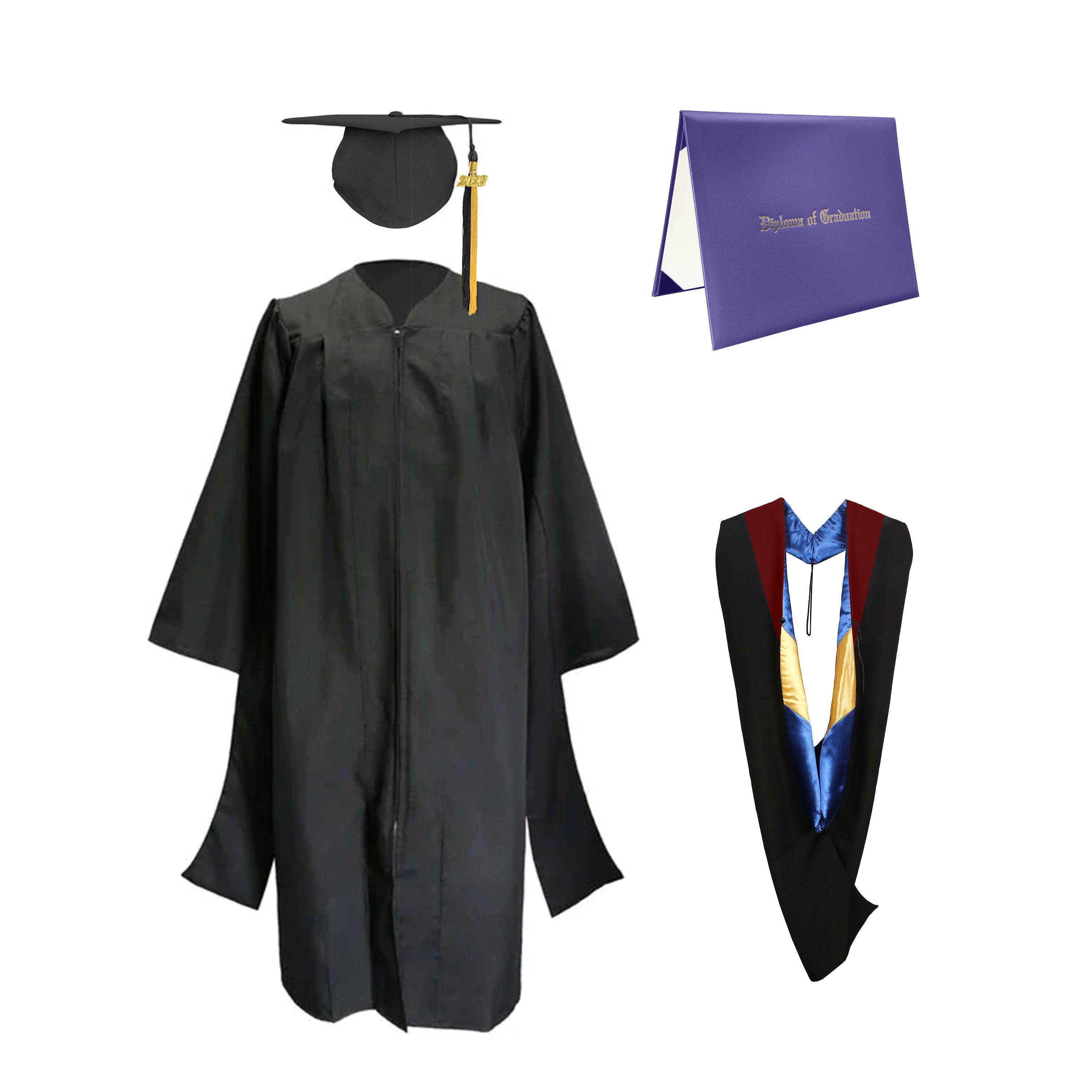 Classic Master Graduation Gown and Cap, Tassel, Hood & Diploma - CA Graduation Maroon-Royal Blue-Gold / Imprinted Classic Master Graduation Gown and Cap, Tassel, Hood & Diploma - CA Graduation Maroon-Royal Blue-Gold / Imprinted