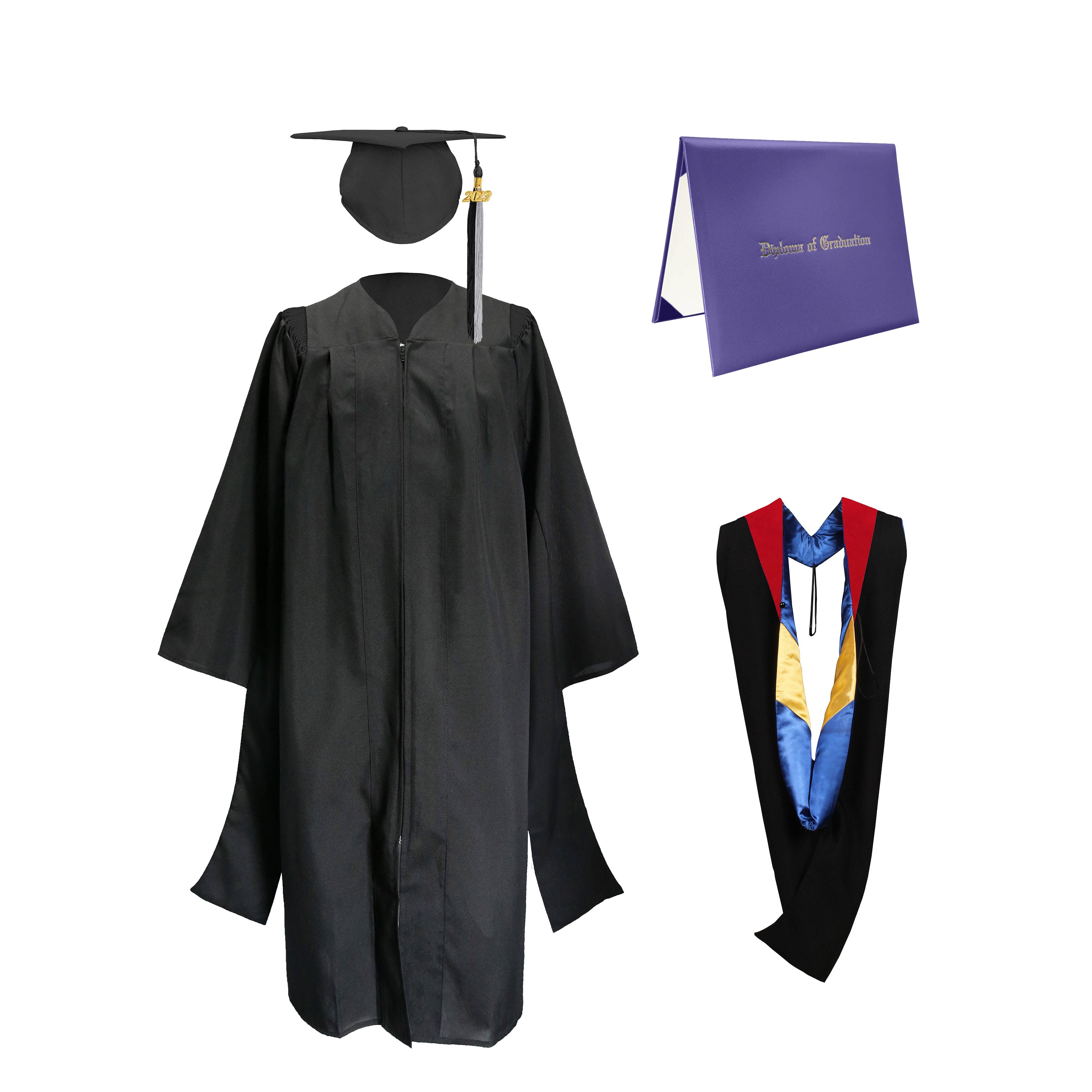 Deluxe Master Graduation Gown Cap with colourful Tassel & Hood in Various Color & Diploma Package-CA graduation