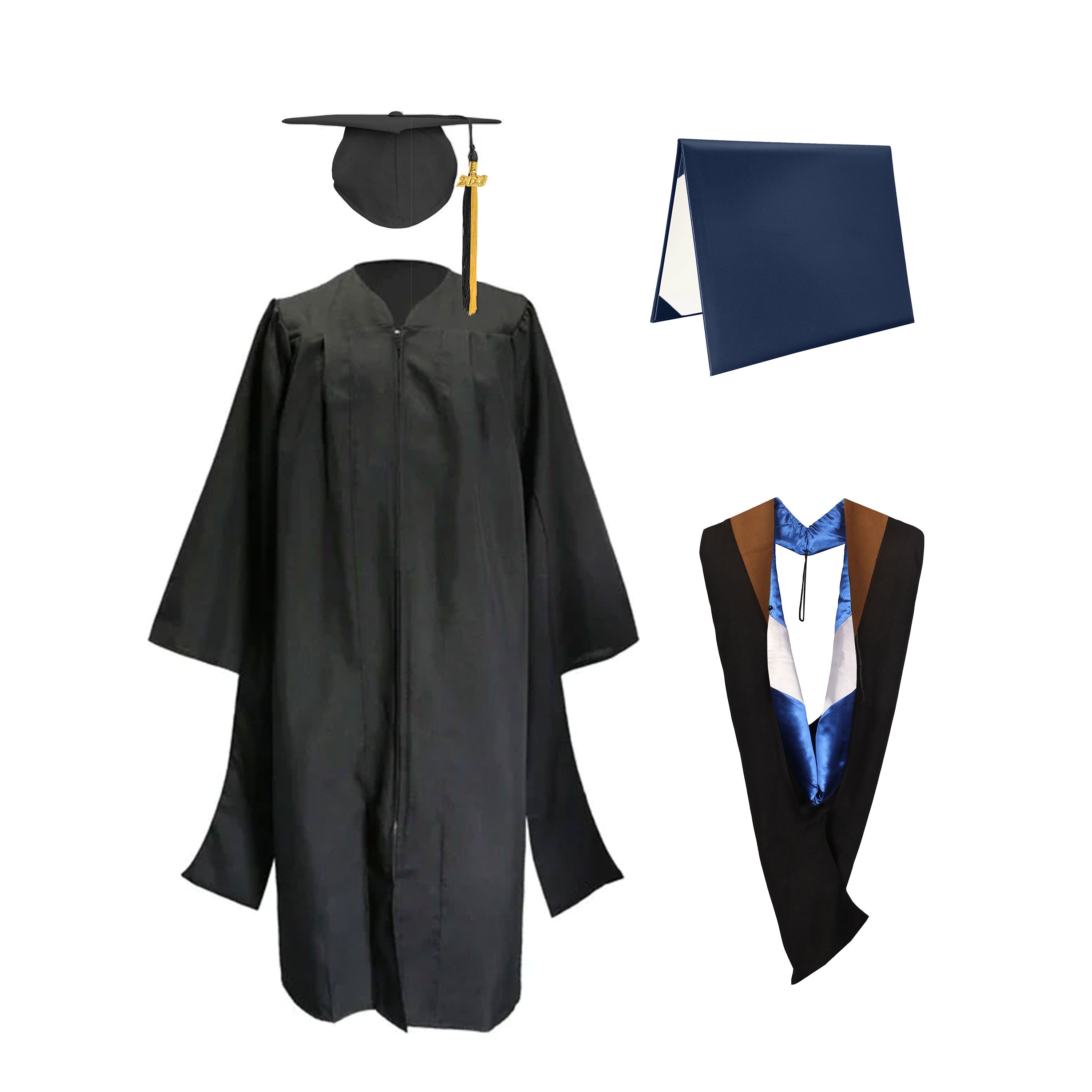 Classic Master Graduation Gown and Cap, Tassel, Hood & Diploma - CA Graduation Light Brown-Royal-White / No Imprinted Classic Master Graduation Gown and Cap, Tassel, Hood & Diploma - CA Graduation Light Brown-Royal-White / No Imprinted