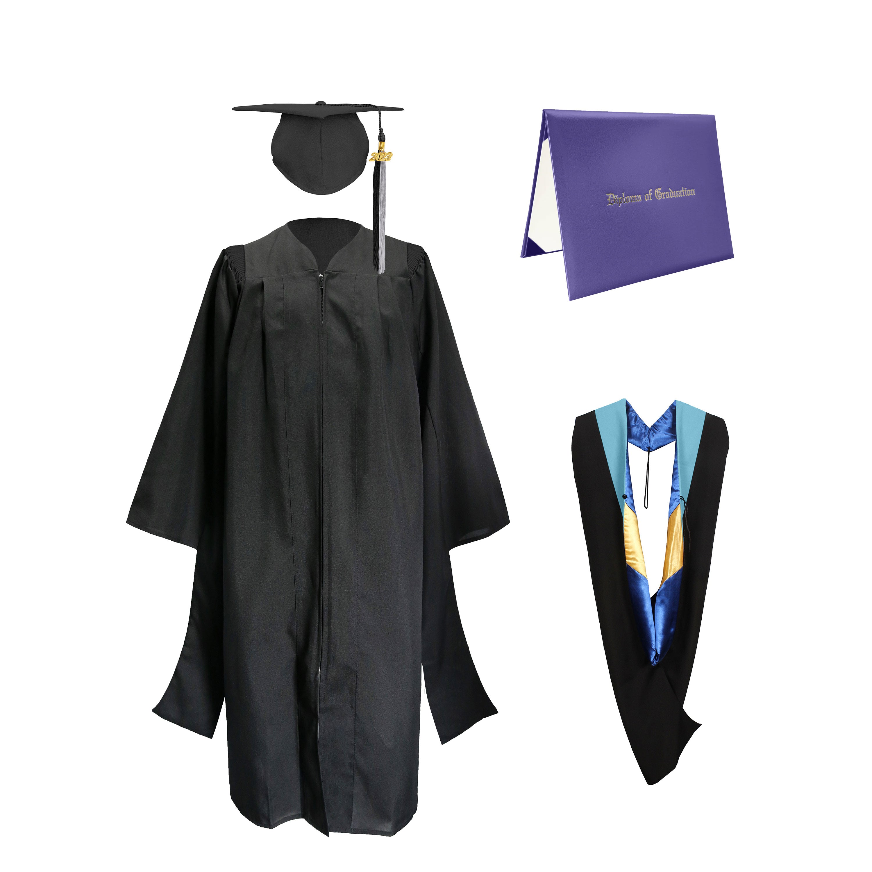 Deluxe Master Graduation Gown Cap with colourful Tassel & Hood in Various Color & Diploma Package-CA graduation