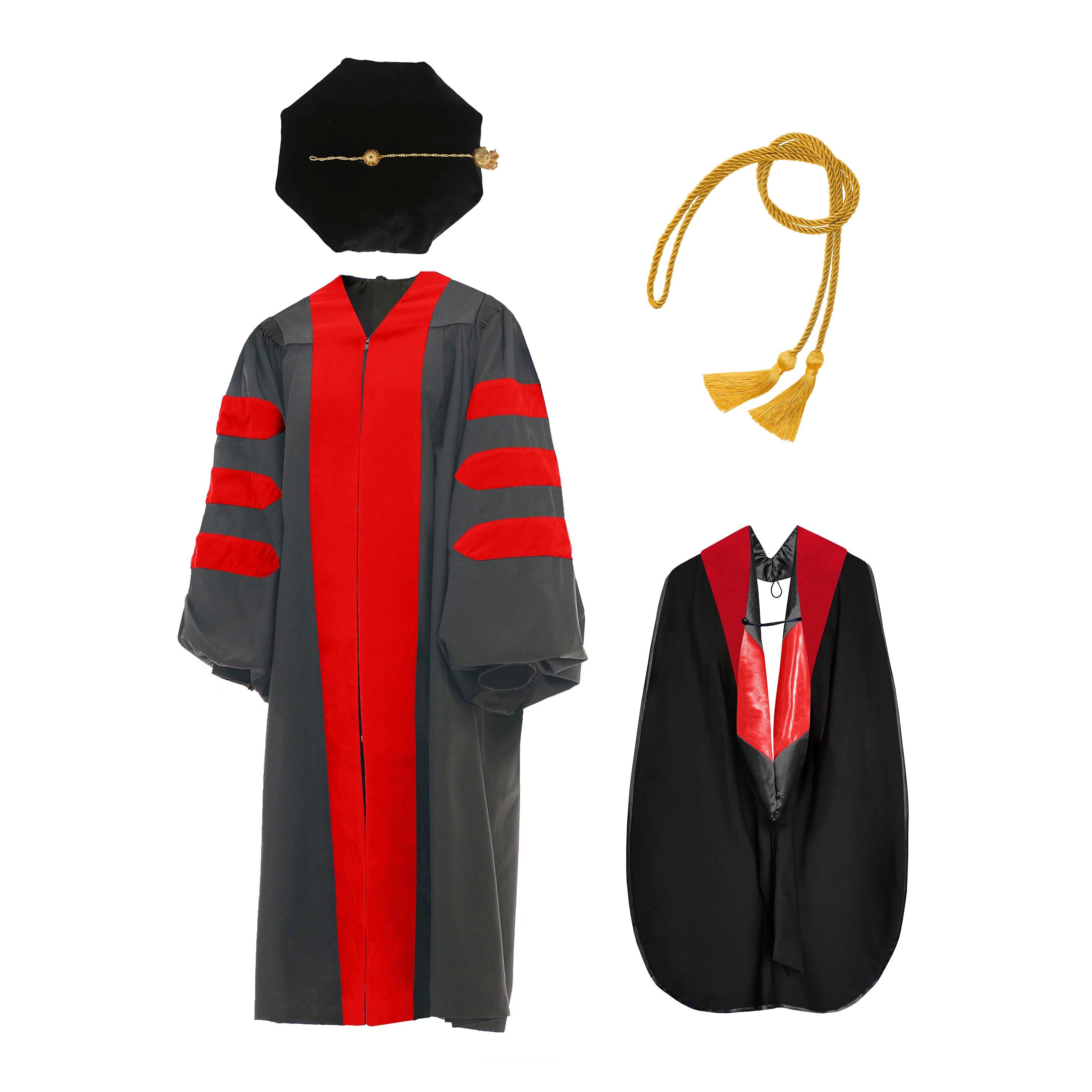 Deluxe Doctoral Graduation Gown / Hood / Tam / Honor Cord Package(No Piping) - CA Graduation Red+Red/Black/Red / Single Color / 39''(4'6''-4'8'') Deluxe Doctoral Graduation Gown / Hood / Tam / Honor Cord Package(No Piping) - CA Graduation Red+Red/Black/Red / Single Color / 39''(4'6''-4'8'')