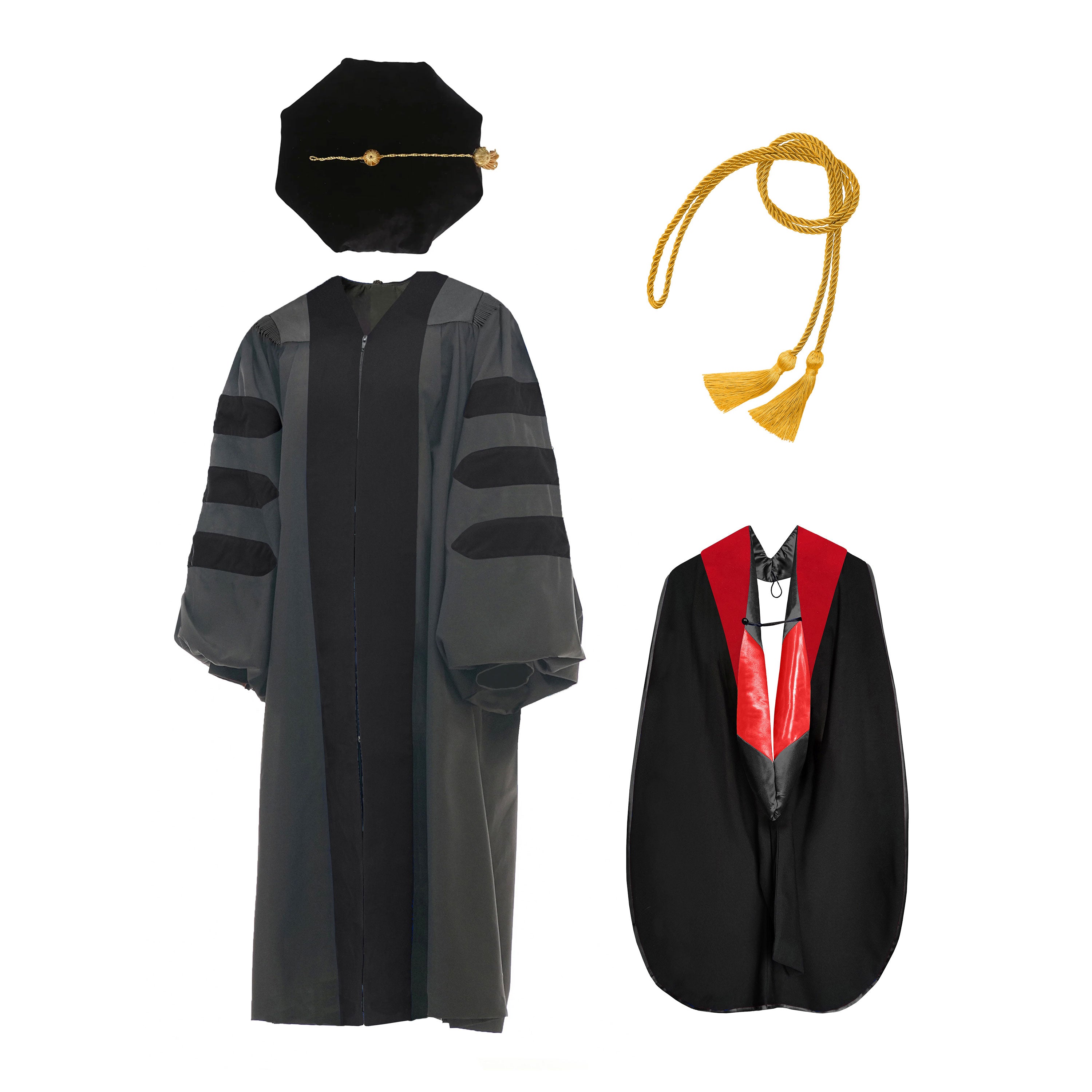 Deluxe Doctoral Graduation Gown NO piping /Doctoral Hood/ Doctoral Tam /Honor Cord Package-CA graduation