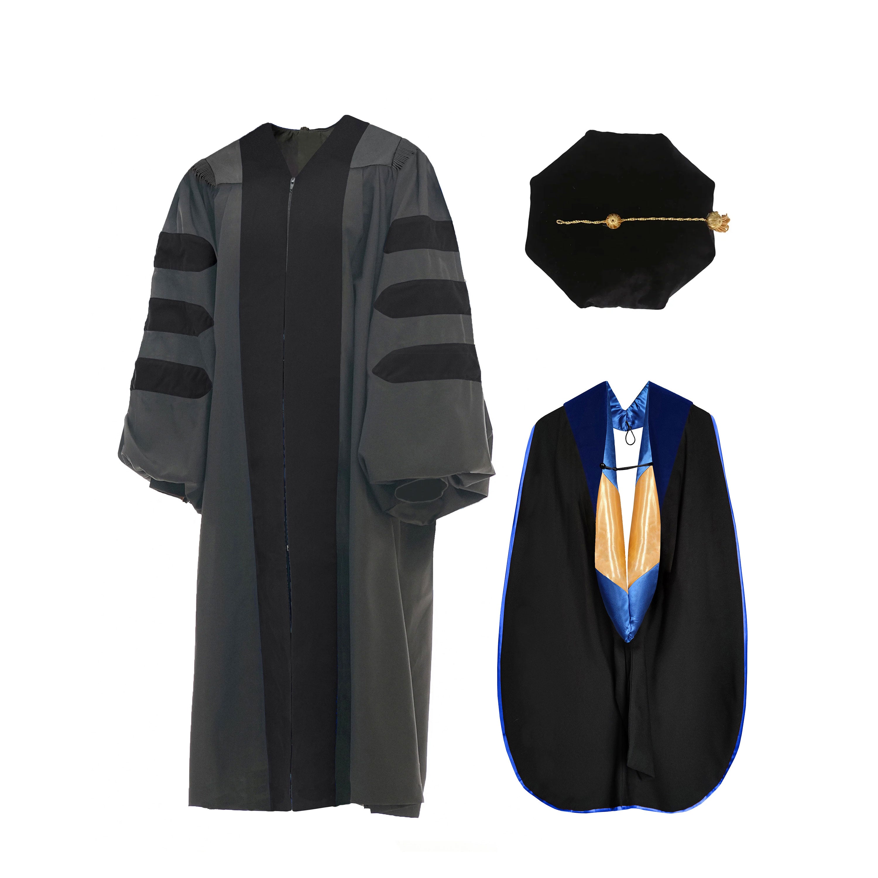 Graduation Rivan No Rideng Deluxe Doctoral Graduation Gown Set with Doctoral Hood & Tam, No Piping ...