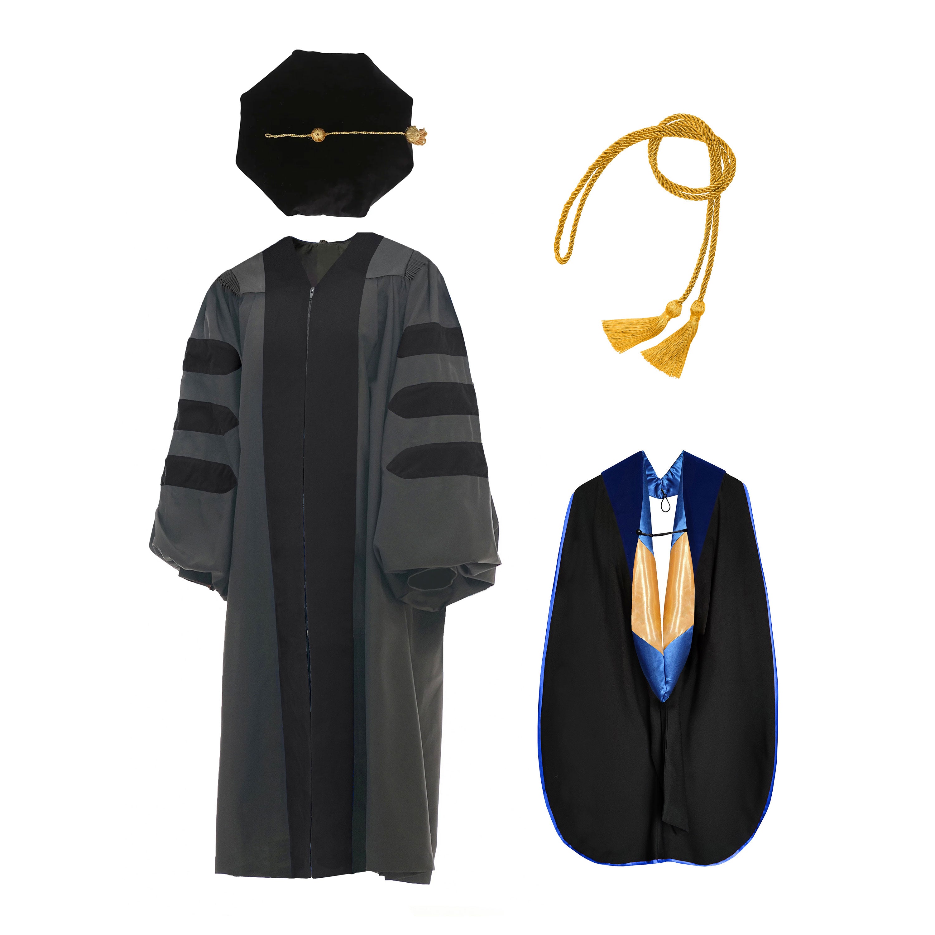 Deluxe Doctoral Graduation Gown NO piping /Doctoral Hood/ Doctoral Tam /Honor Cord Package-CA graduation
