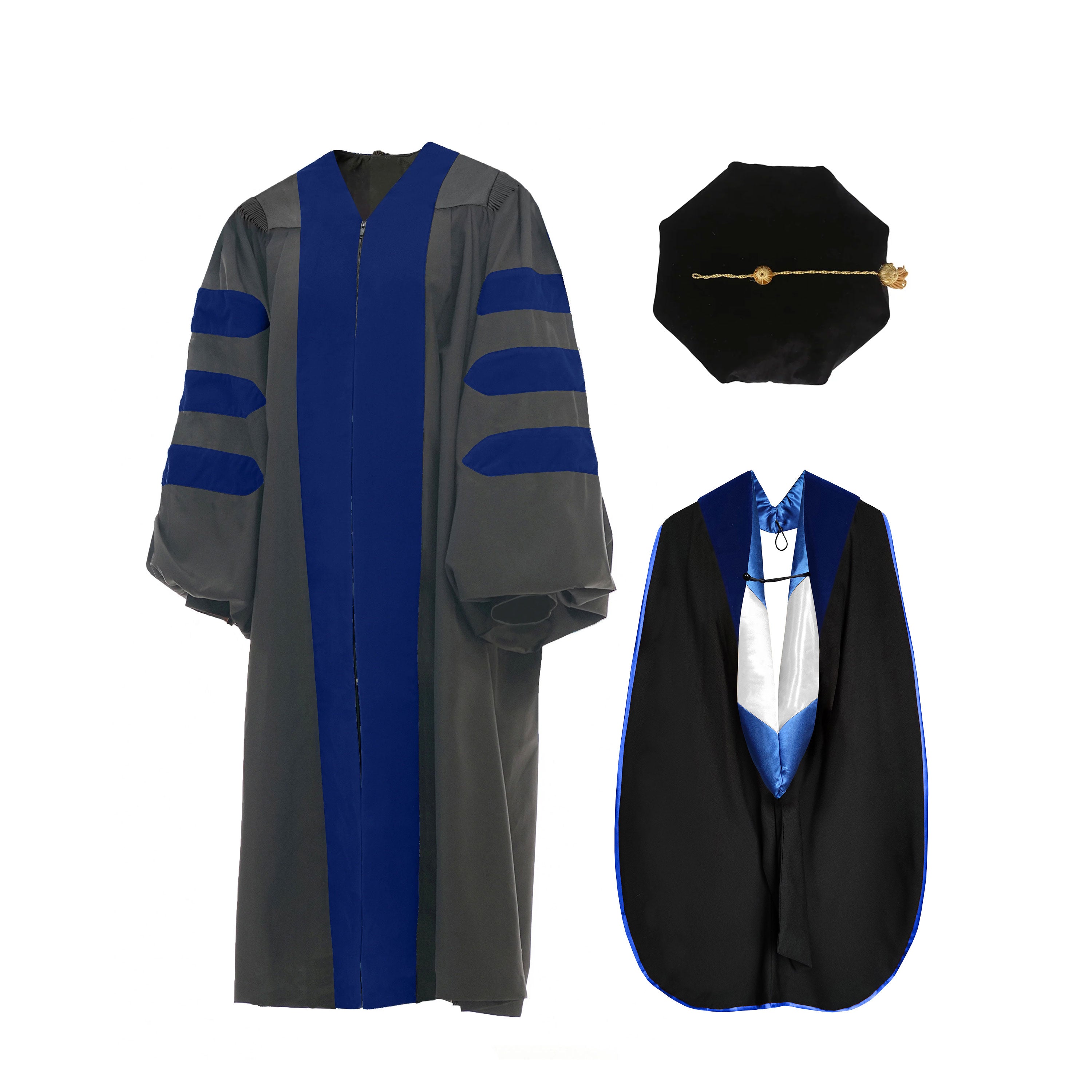 Deluxe Doctoral Graduation Gown Set with Doctoral Hood & Tam, No Piping ...