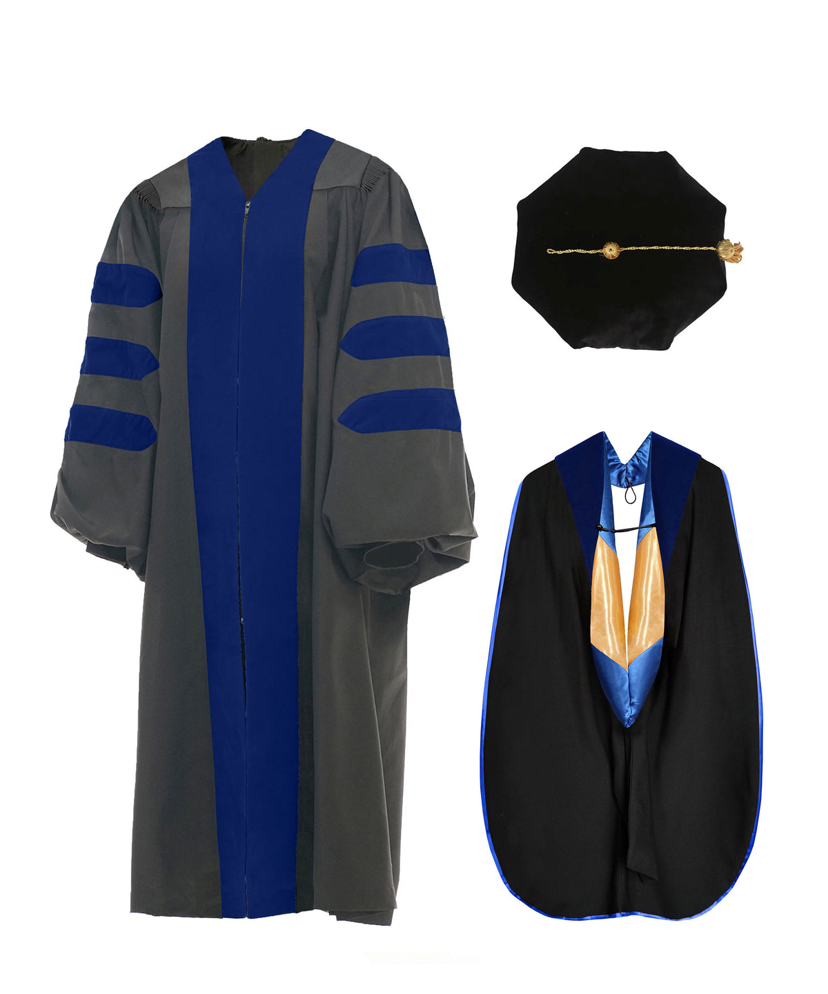 Deluxe Doctoral Graduation Gown Set with Doctoral Hood & Tam, No Piping ...