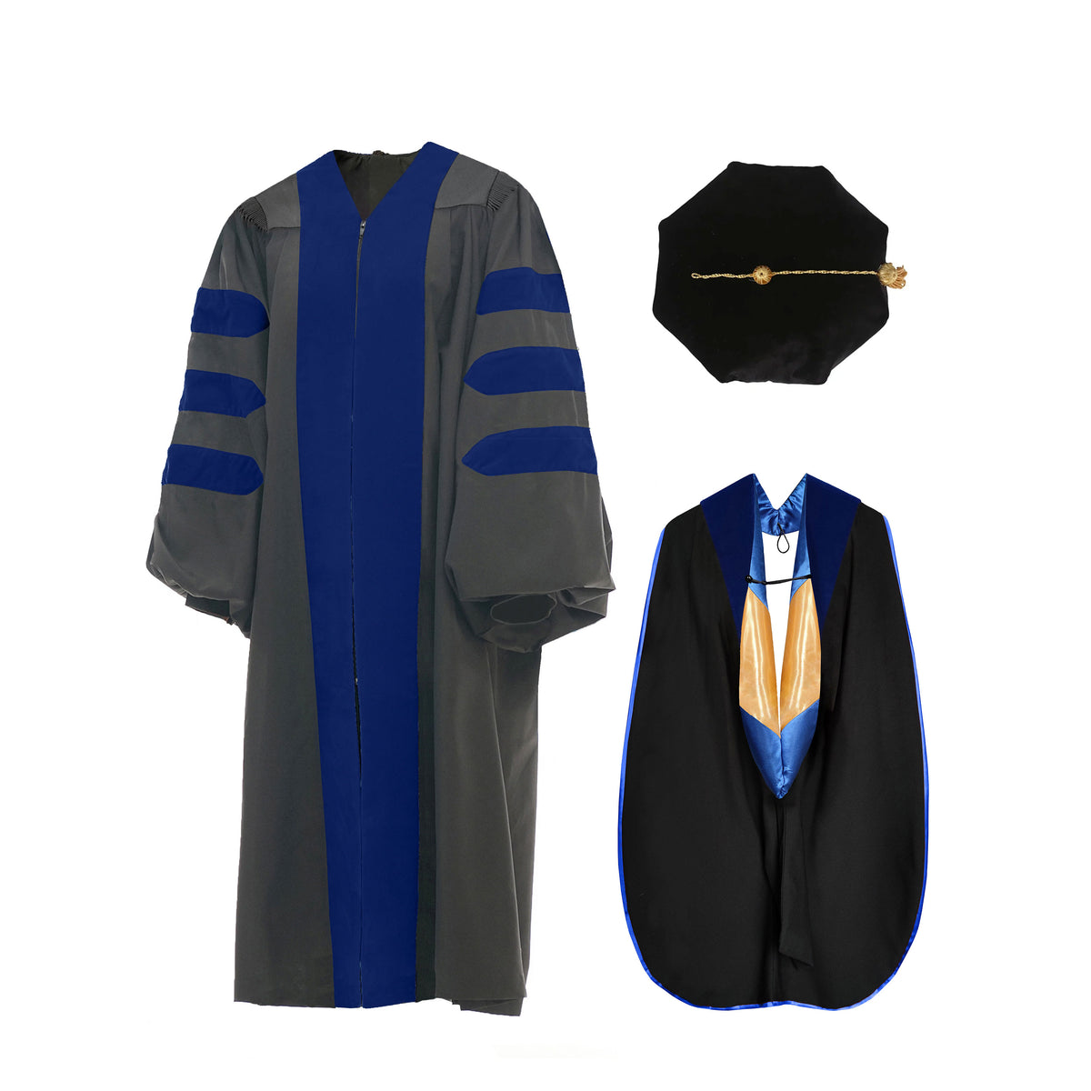 Deluxe Doctoral Graduation Gown Set with Doctoral Hood & Tam, No Piping ...