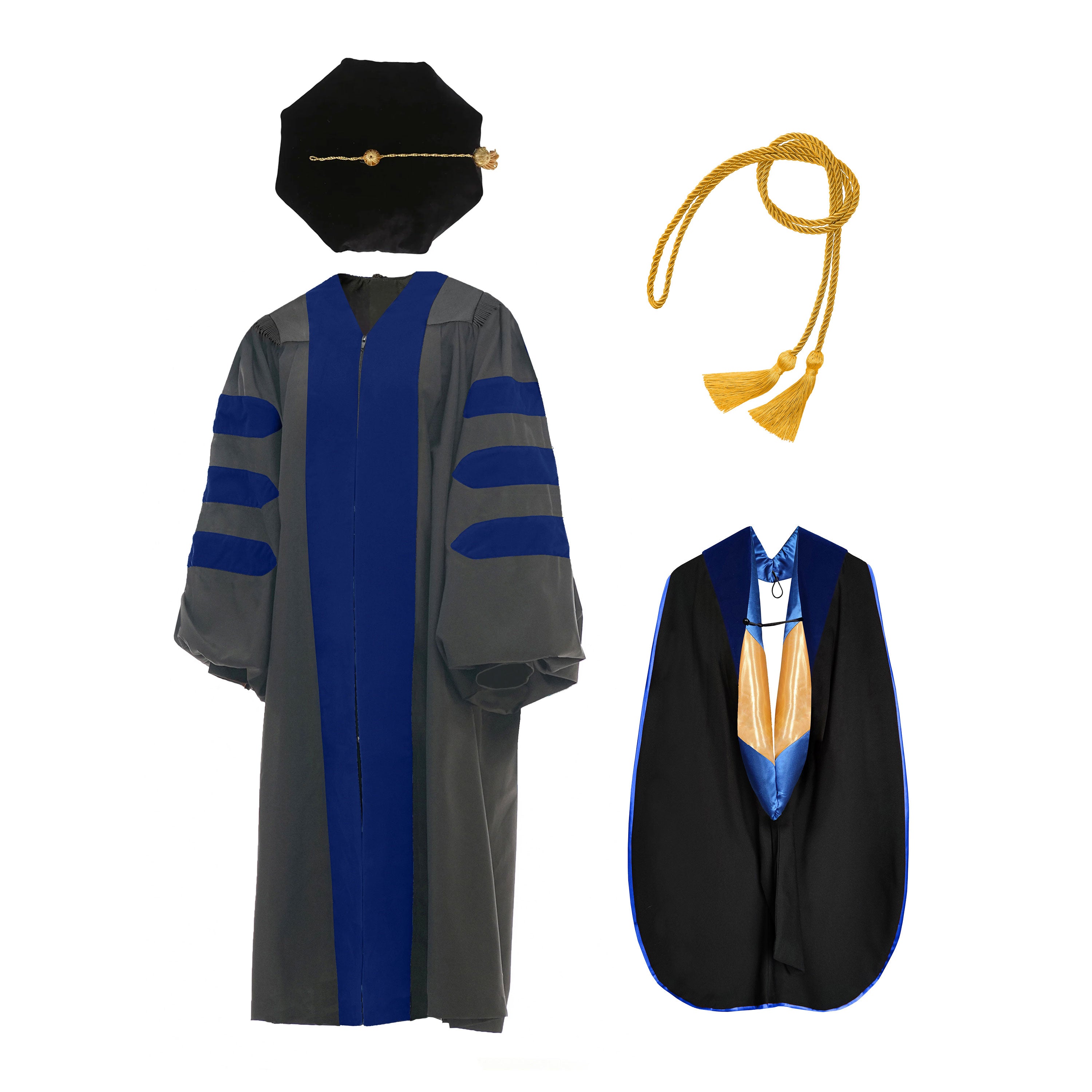 Deluxe Doctoral Graduation Gown NO piping /Doctoral Hood/ Doctoral Tam /Honor Cord Package-CA graduation