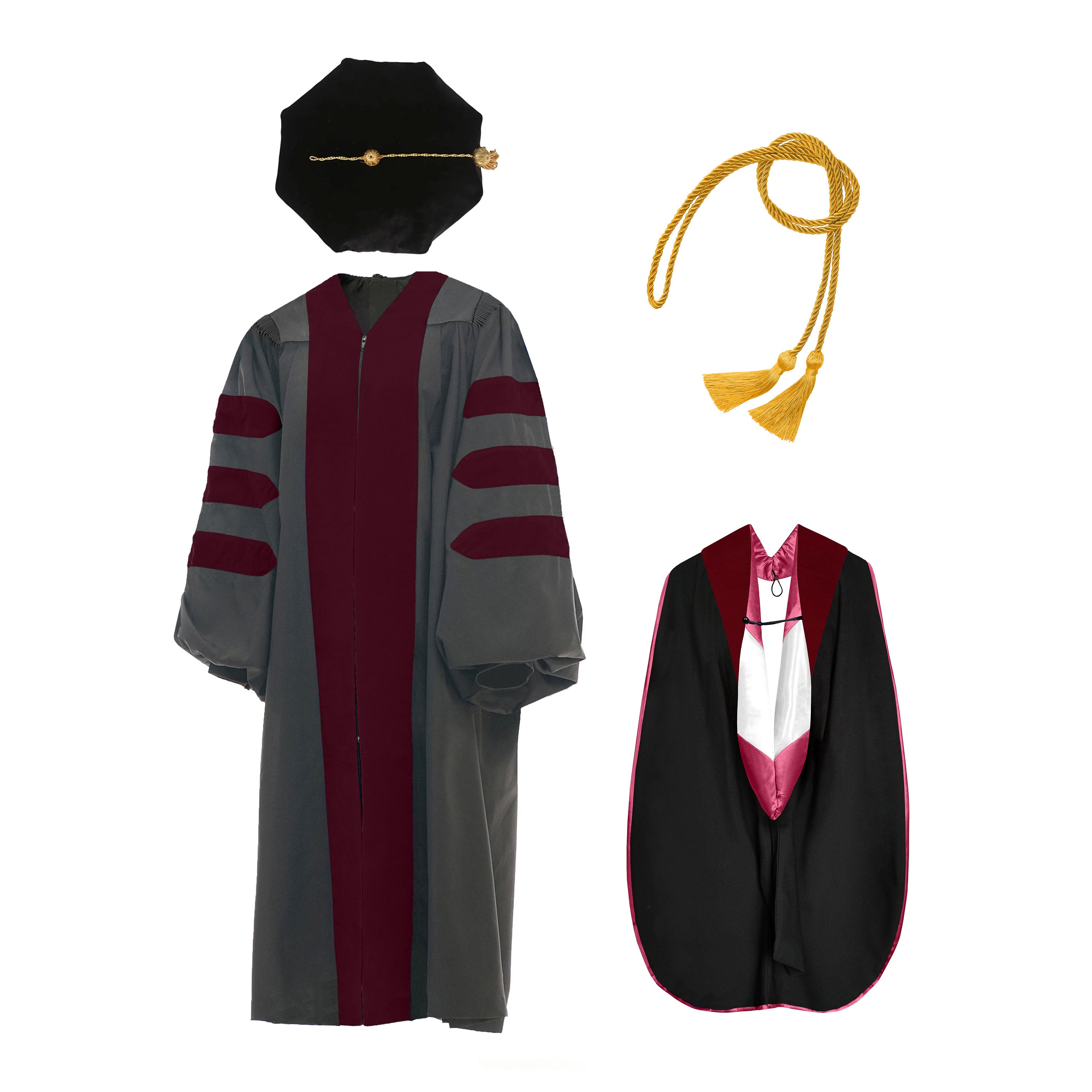 Deluxe Doctoral Graduation Gown NO piping /Doctoral Hood/ Doctoral Tam /Honor Cord Package-CA graduation