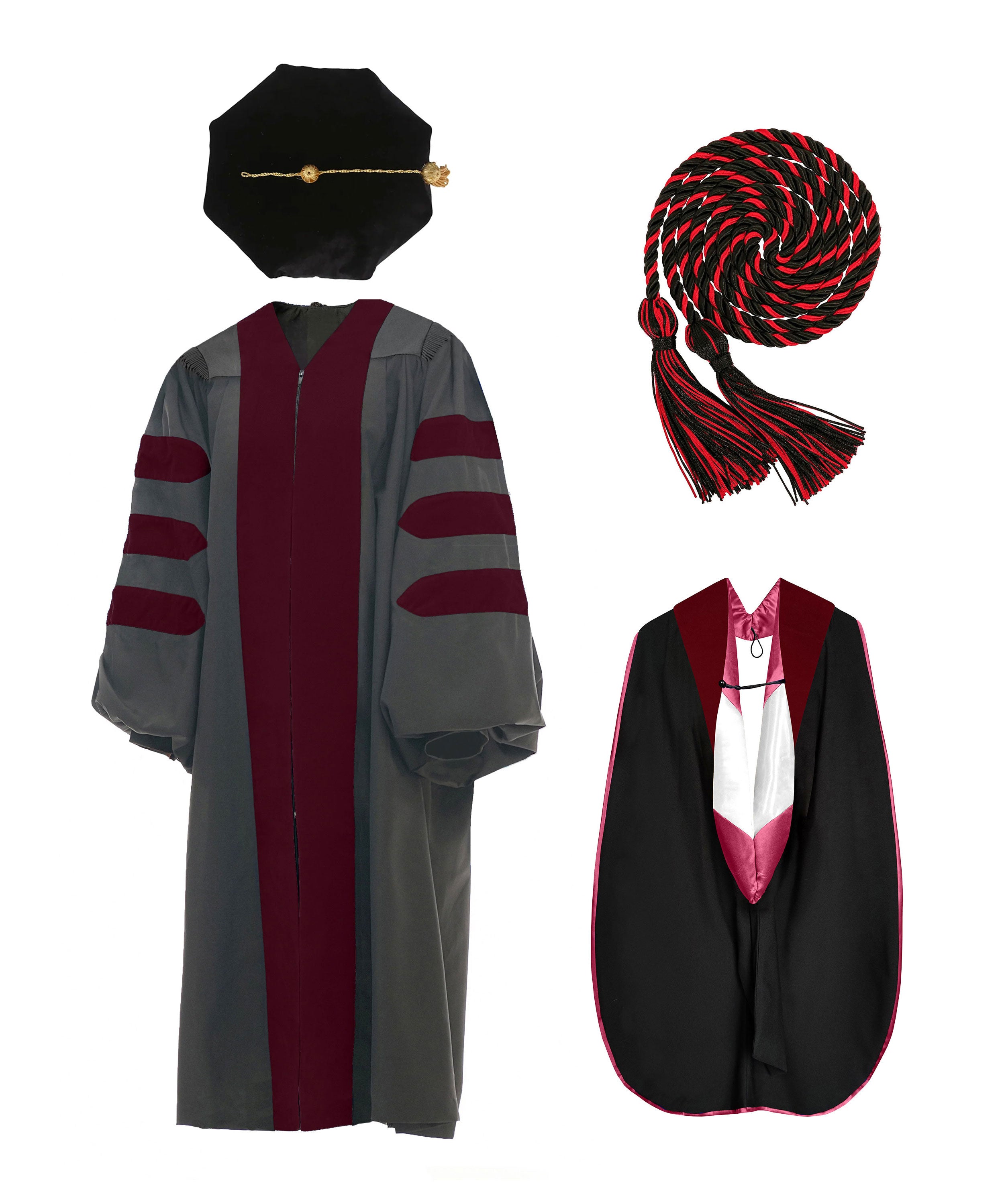 Deluxe Doctoral Graduation Gown NO piping /Doctoral Hood/ Doctoral Tam /Honor Cord Package-CA graduation