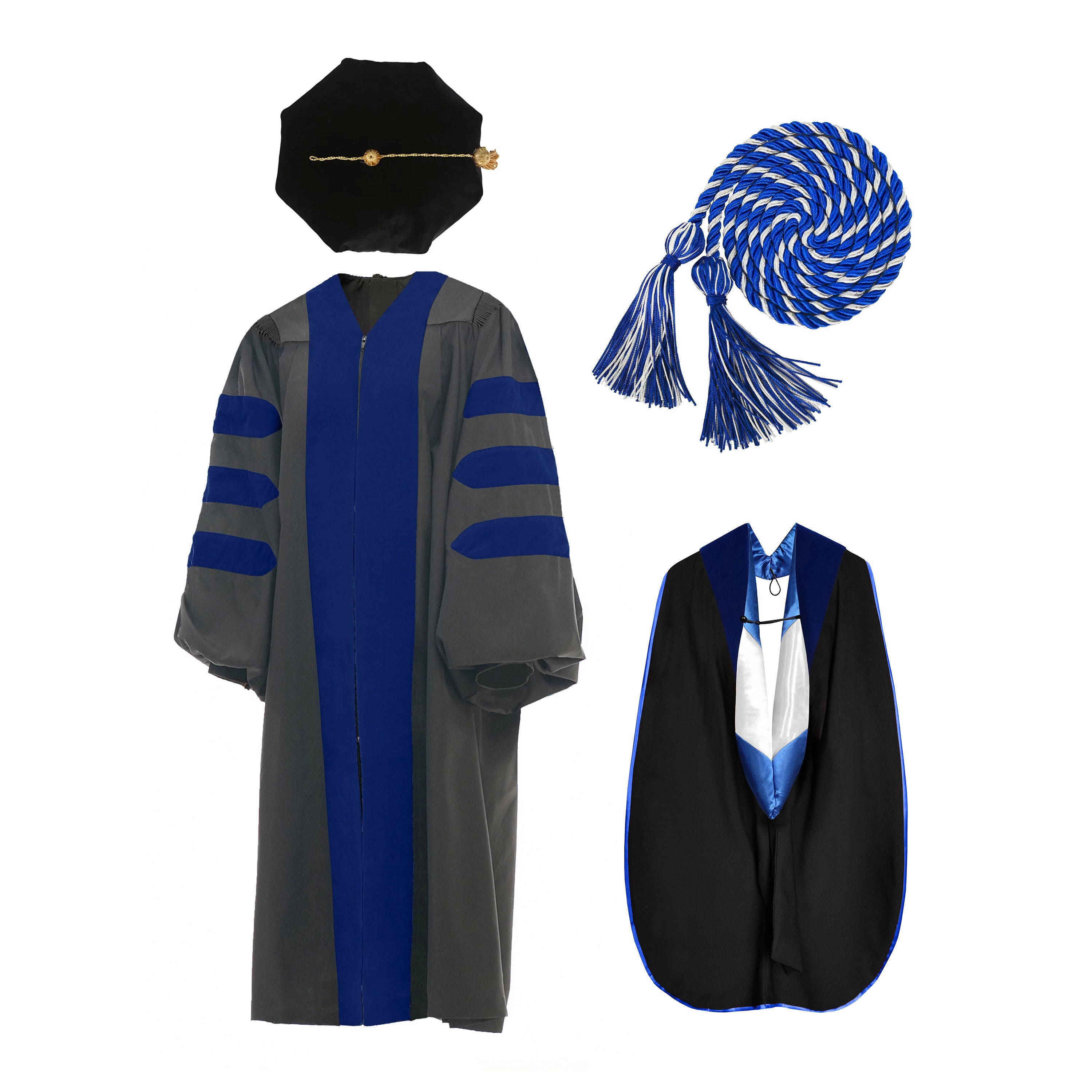 Deluxe Doctoral Graduation Gown NO piping /Doctoral Hood/ Doctoral Tam /Honor Cord Package-CA graduation