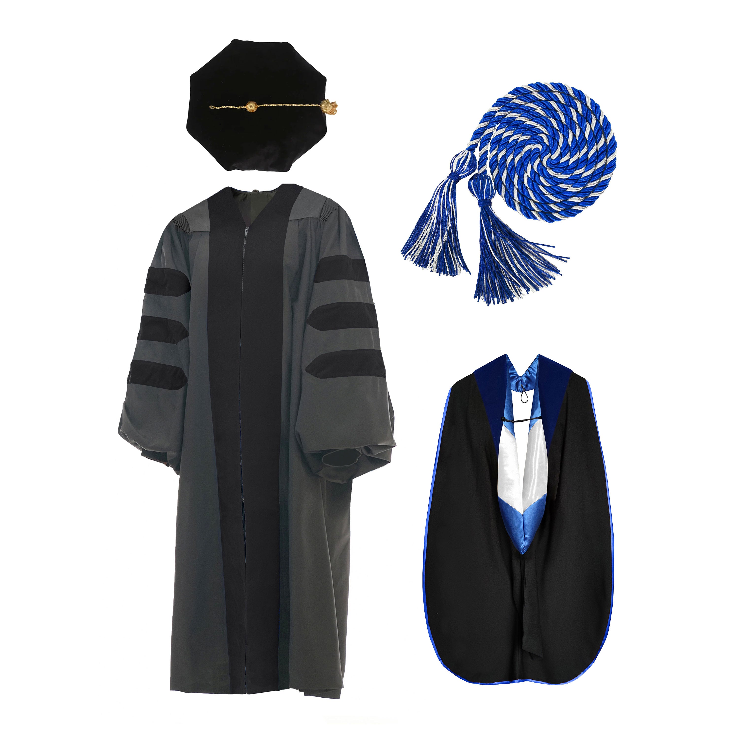 Deluxe Doctoral Graduation Gown NO piping /Doctoral Hood/ Doctoral Tam /Honor Cord Package-CA graduation