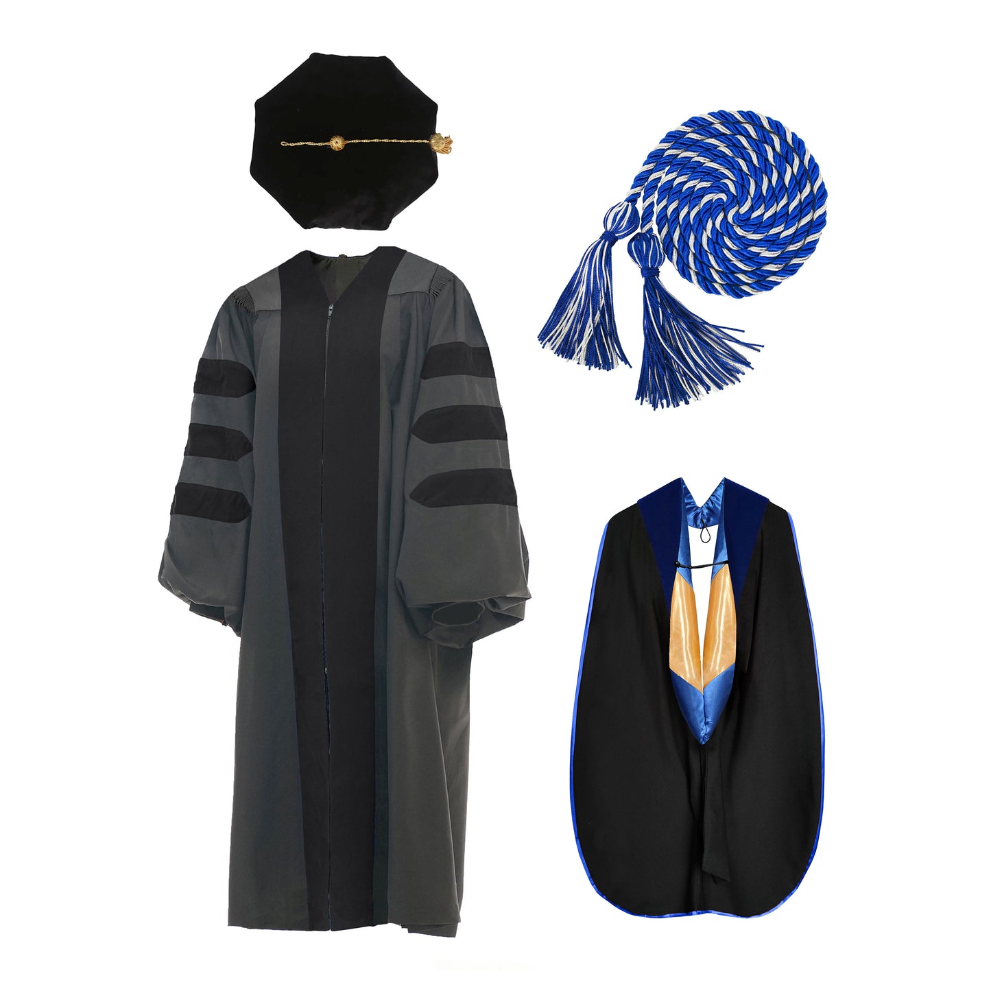 Deluxe Doctoral Graduation Gown NO piping /Doctoral Hood/ Doctoral Tam /Honor Cord Package-CA graduation