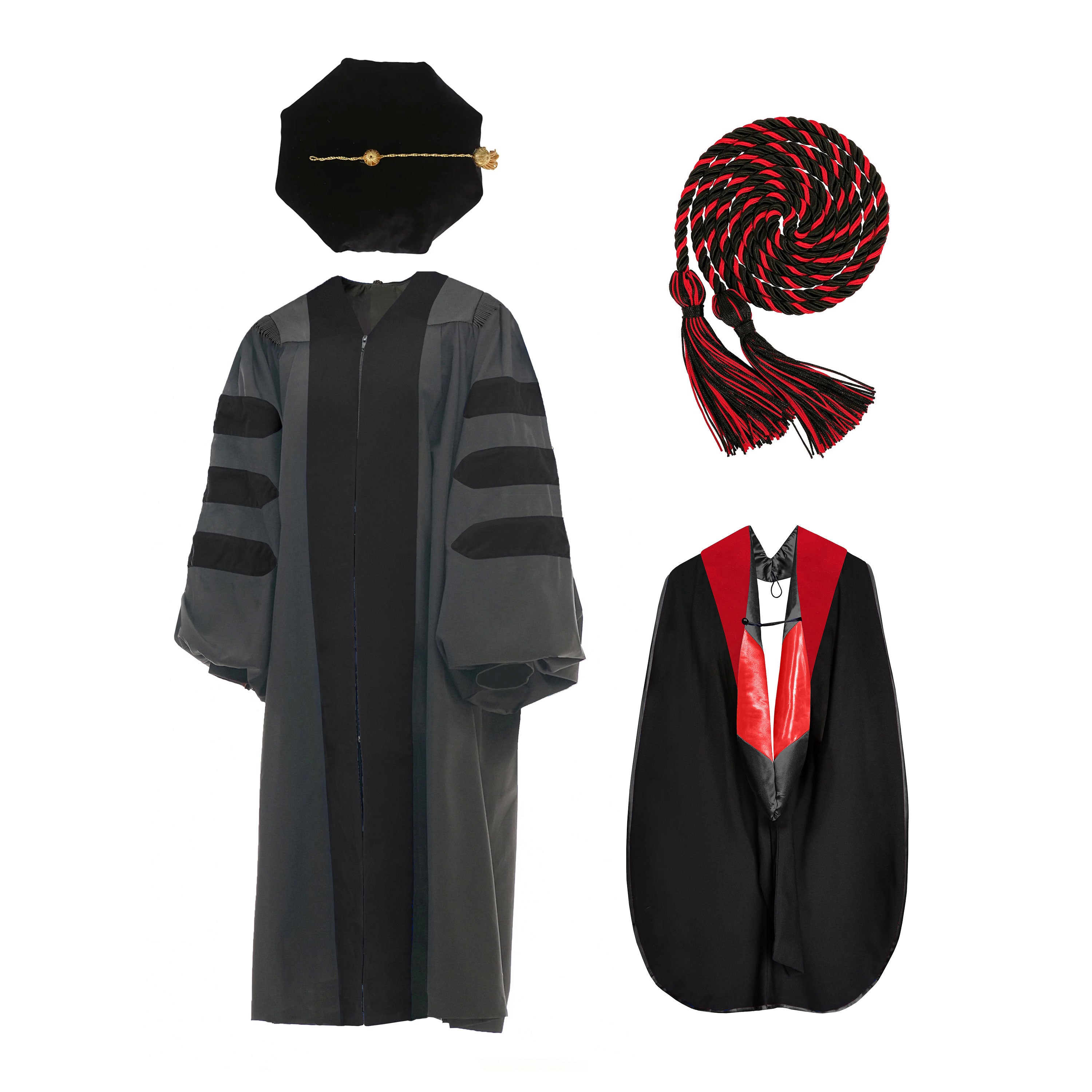 Deluxe Doctoral Graduation Gown NO piping /Doctoral Hood/ Doctoral Tam /Honor Cord Package-CA graduation