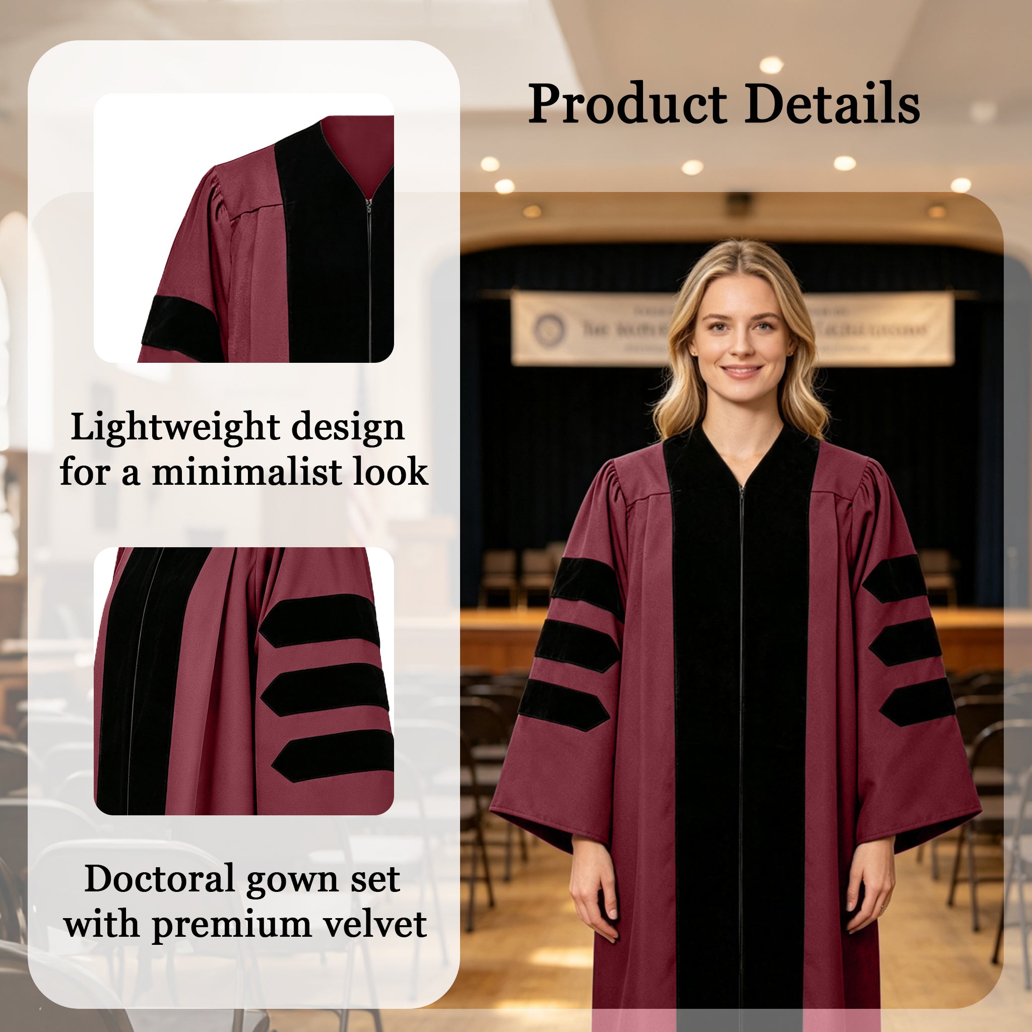 Economy Doctoral Graduation Gown / PHD Gown with Black Velvet Trim-CA graduation