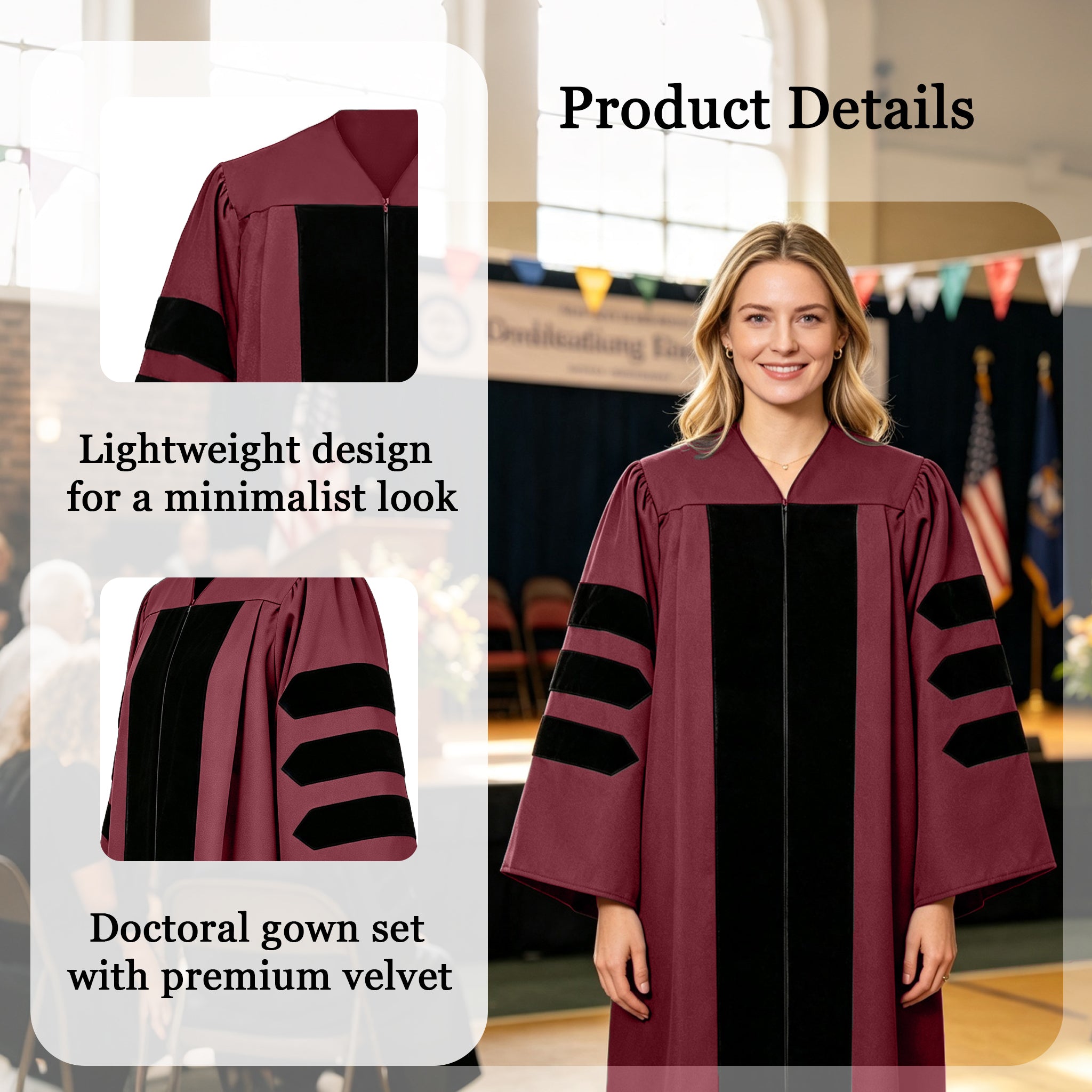 Doctoral Graduation Gown for Economics / PHD Gown with Black Velvet Front Panel-CA graduation