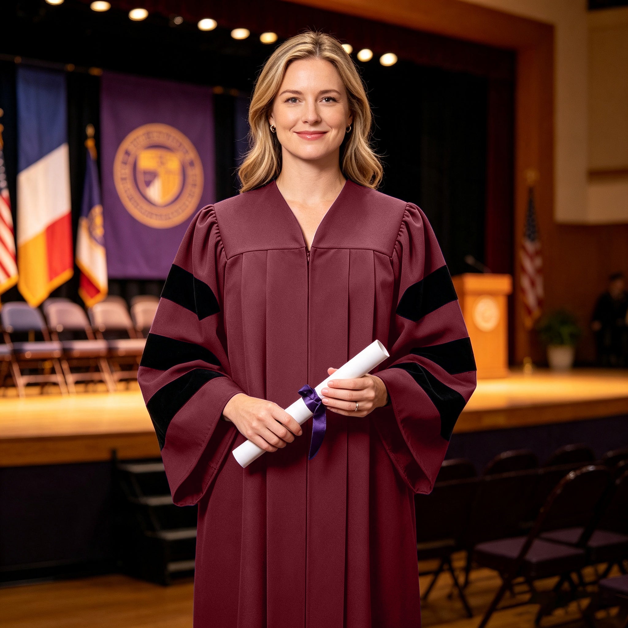 Economy Doctoral Graduation Gown with Black Velvet Sleeve Trim|Doctoral Regalia-CA graduation