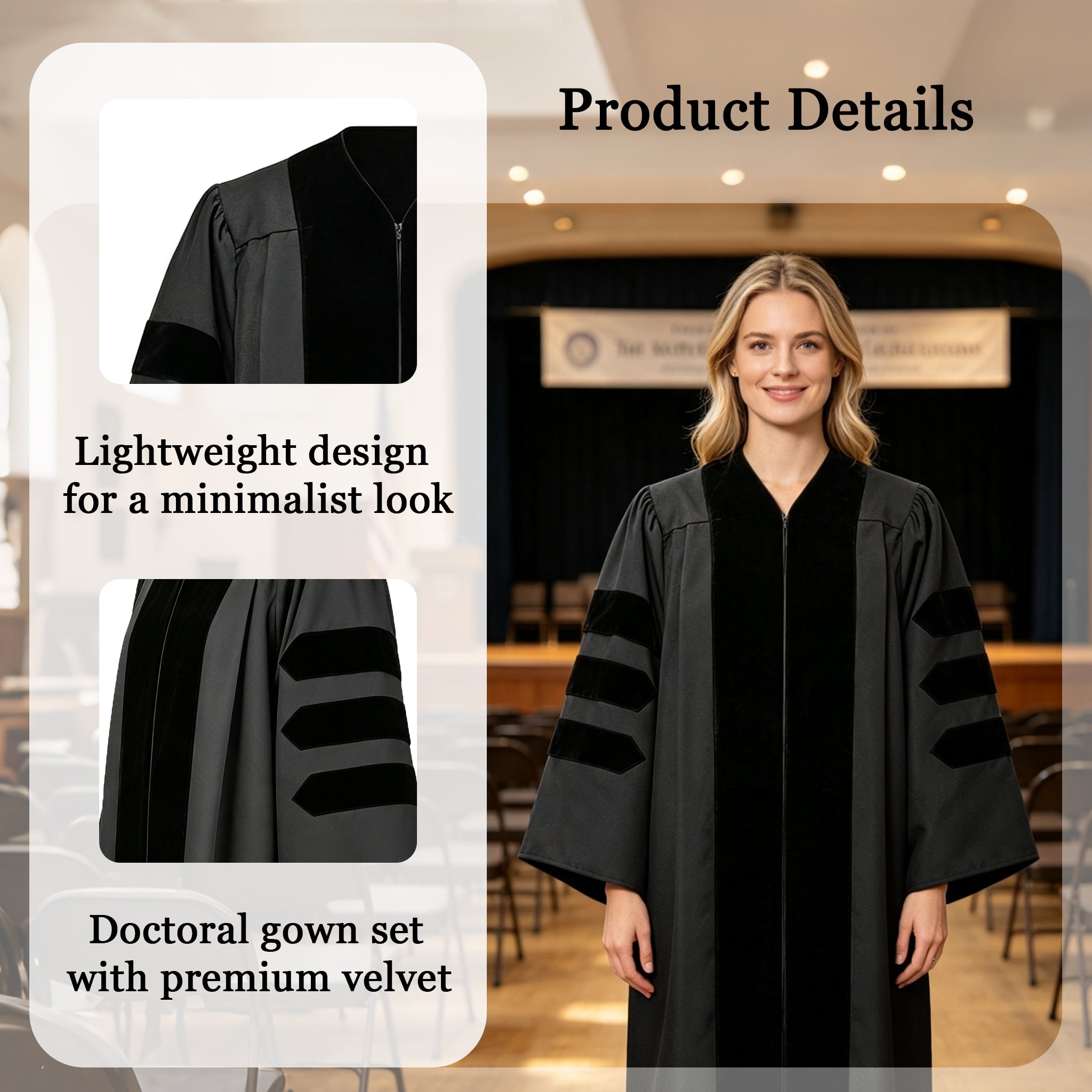 Economy Doctoral Graduation Gown / PHD Gown with Black Velvet Trim-CA graduation
