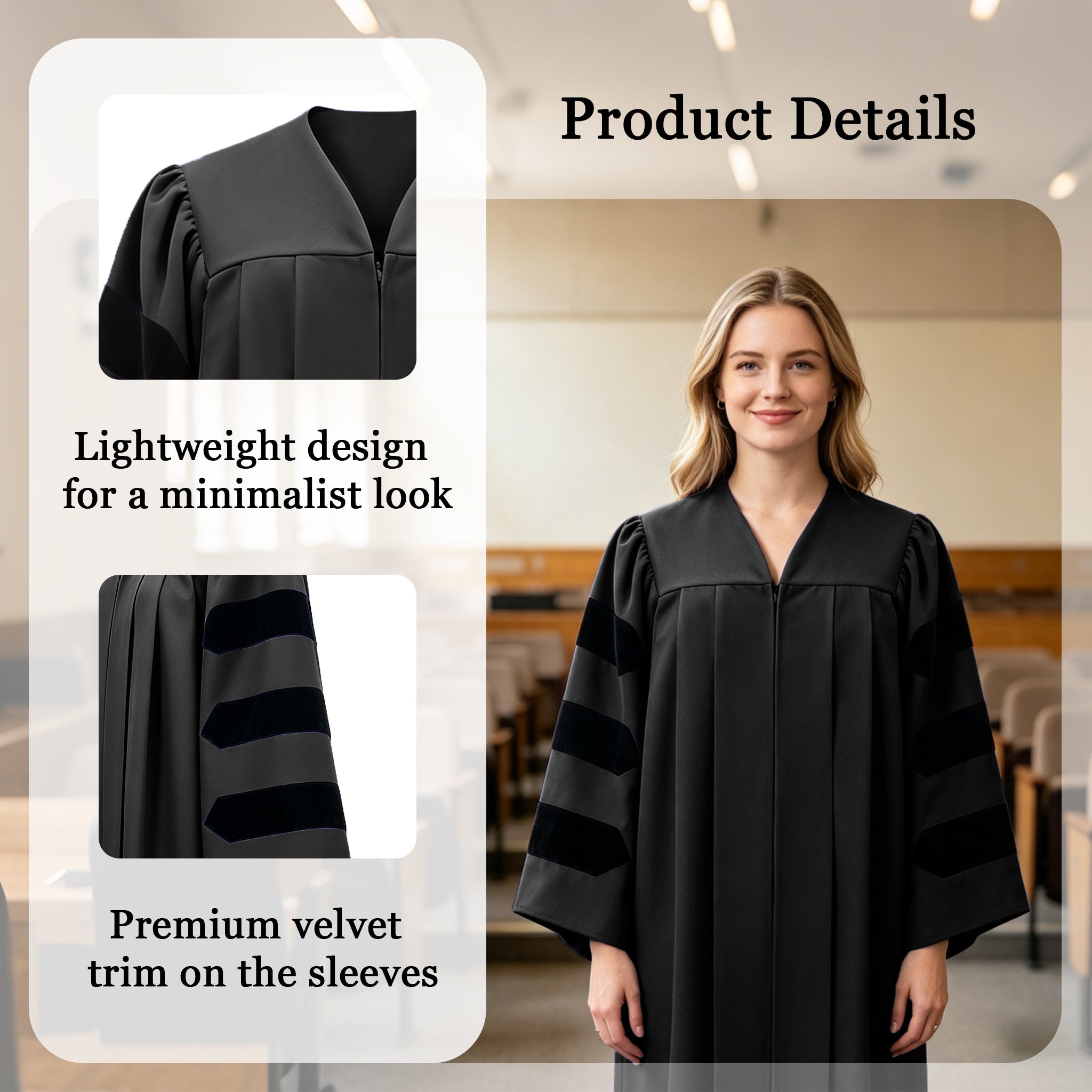 Economy Doctoral Graduation Gown with Black Velvet Sleeve Trim|Doctoral Regalia-CA graduation