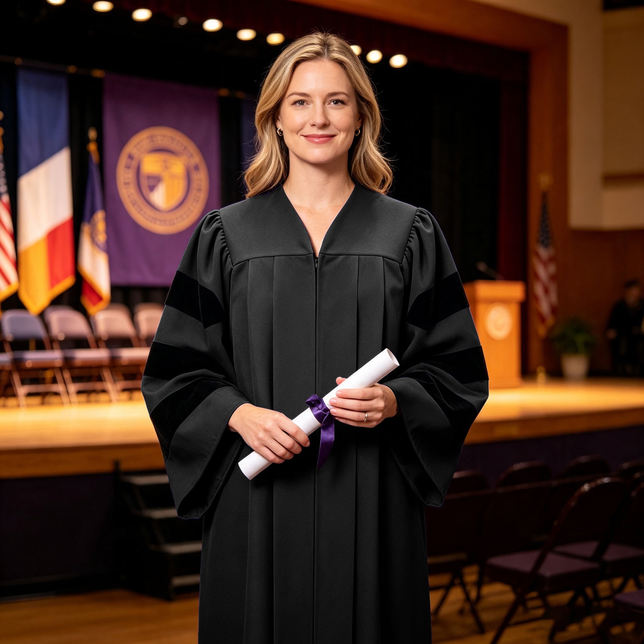 Economy Doctoral Graduation Gown with Black Velvet Sleeve Trim|Doctoral Regalia-CA graduation