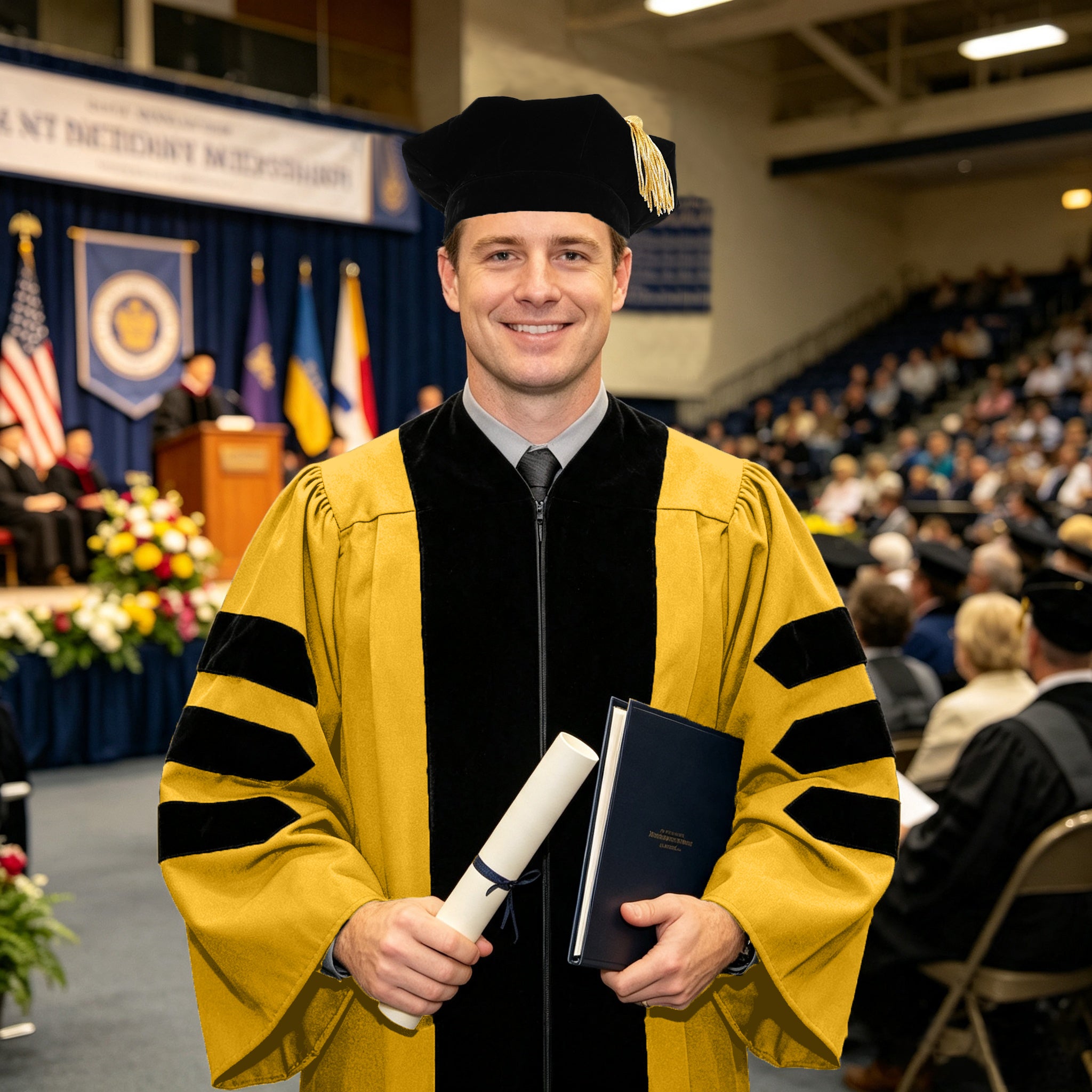 Economy Doctoral Graduation Gown / PHD Gown with Black Velvet Trim-CA graduation