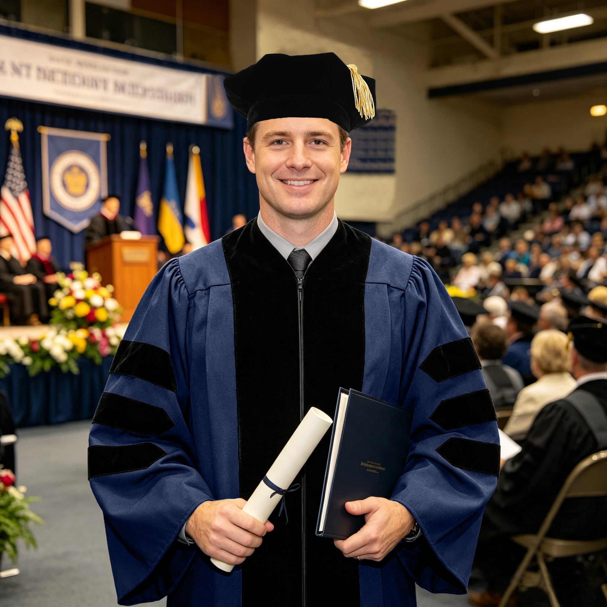 Economy Doctoral Graduation Gown / PHD Gown with Black Velvet Trim-CA graduation