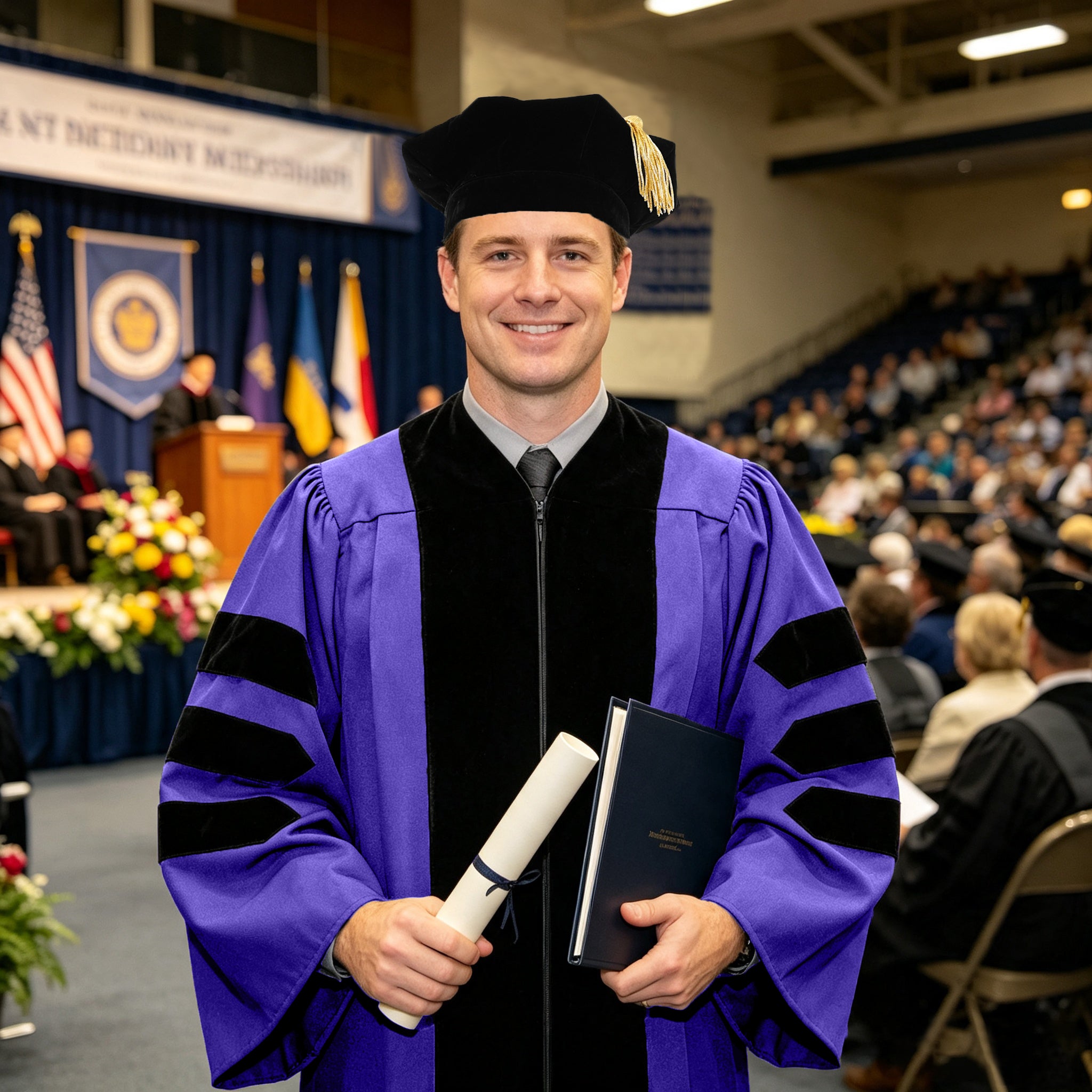 Economy Doctoral Graduation Gown / PHD Gown with Black Velvet Trim-CA graduation
