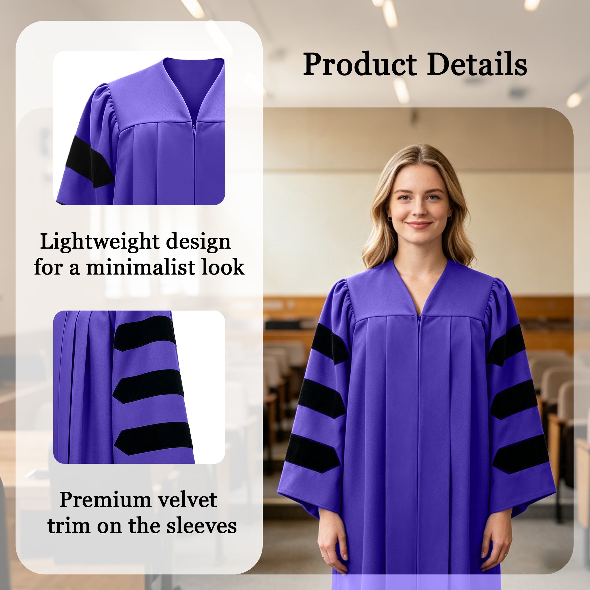 Economy Doctoral Graduation Gown with Black Velvet Sleeve Trim|Doctoral Regalia-CA graduation