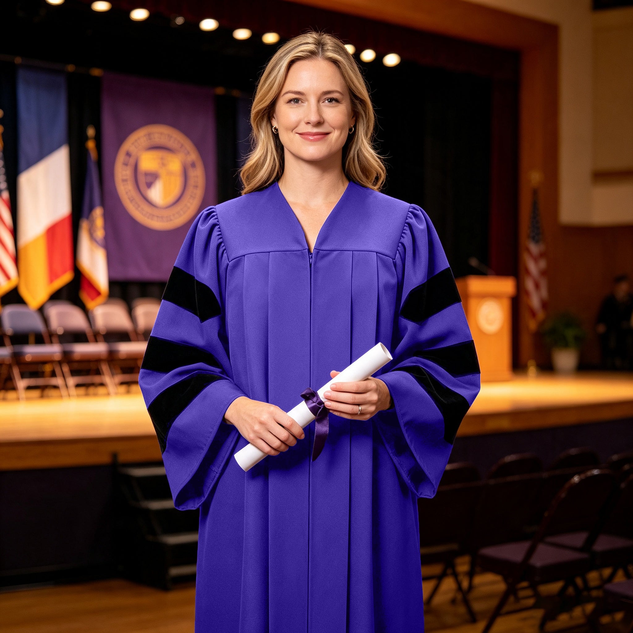 Economy Doctoral Graduation Gown with Black Velvet Sleeve Trim|Doctoral Regalia-CA graduation