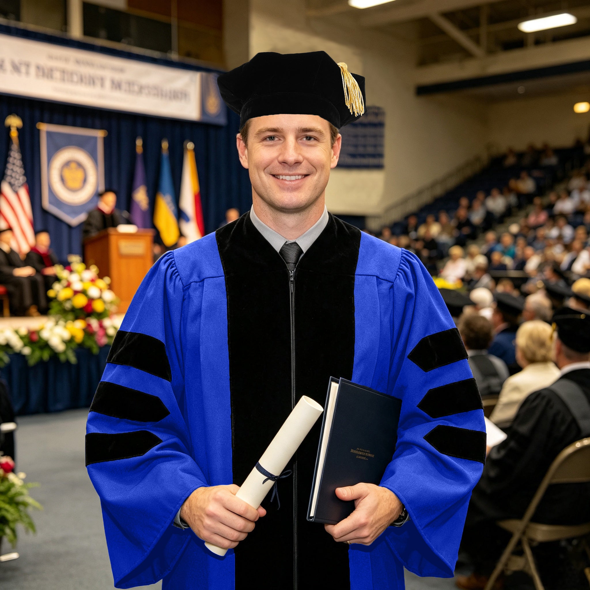 Economy Doctoral Graduation Gown / PHD Gown with Black Velvet Trim-CA graduation