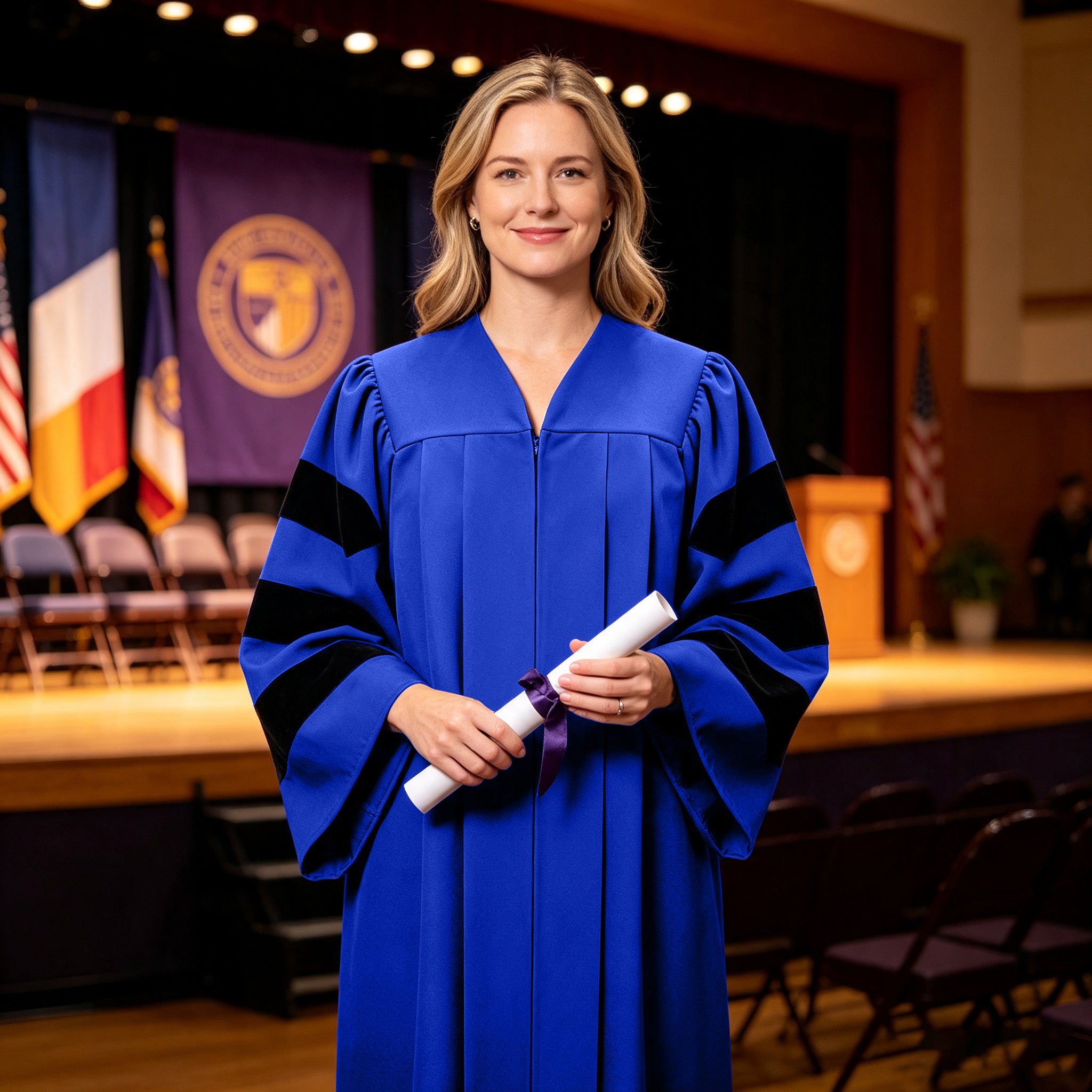 Economy Doctoral Graduation Gown with Black Velvet Sleeve Trim|Doctoral Regalia-CA graduation