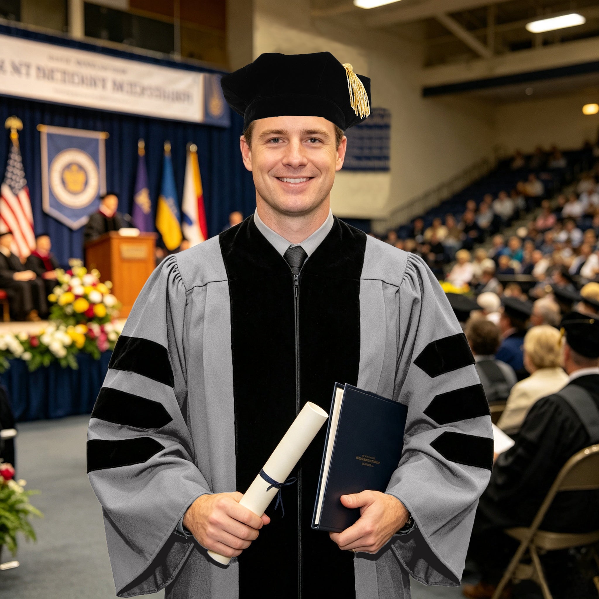 Economy Doctoral Graduation Gown / PHD Gown with Black Velvet Trim-CA graduation