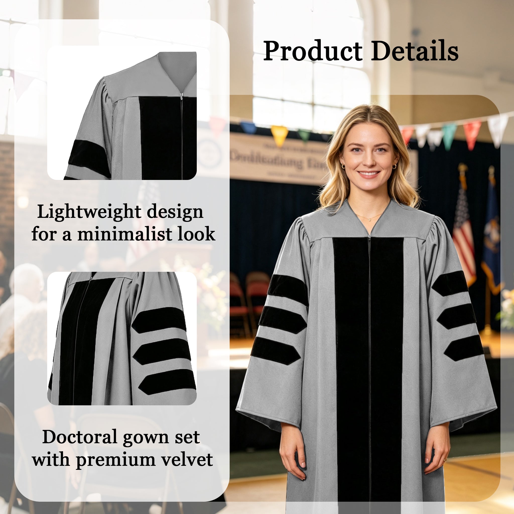 Doctoral Graduation Gown for Economics / PHD Gown with Black Velvet Front Panel-CA graduation