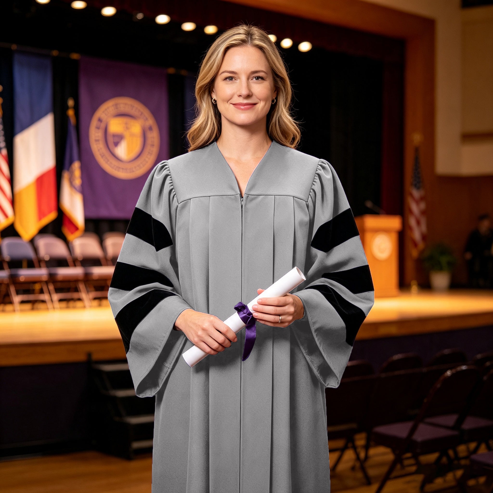 Economy Doctoral Graduation Gown with Black Velvet Sleeve Trim|Doctoral Regalia-CA graduation