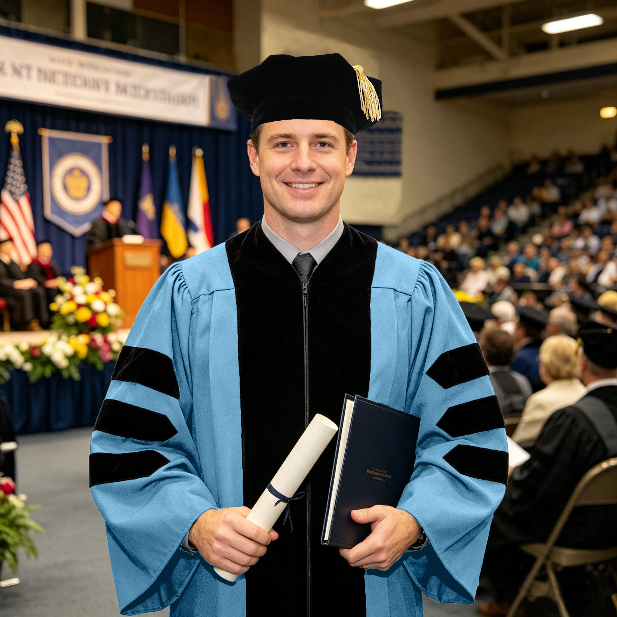 Economy Doctoral Graduation Gown / PHD Gown with Black Velvet Trim-CA graduation