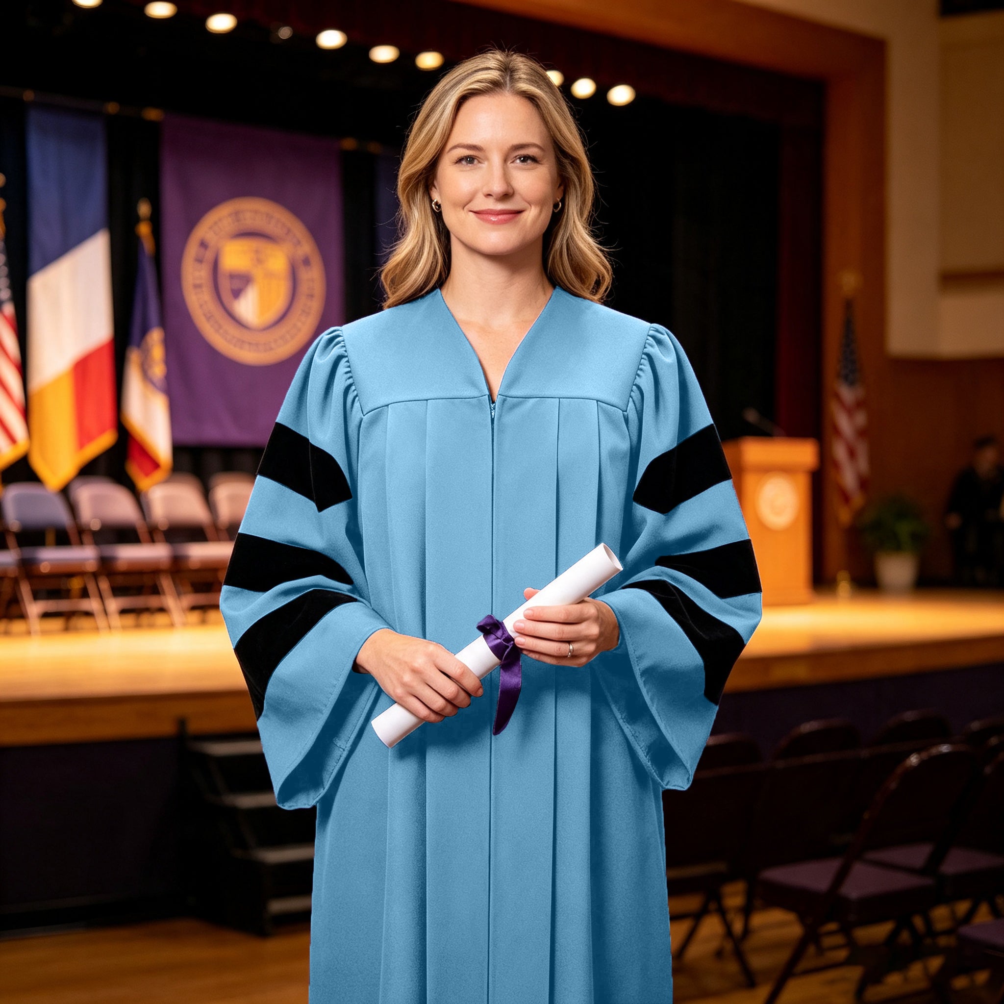 Economy Doctoral Graduation Gown with Black Velvet Sleeve Trim|Doctoral Regalia-CA graduation