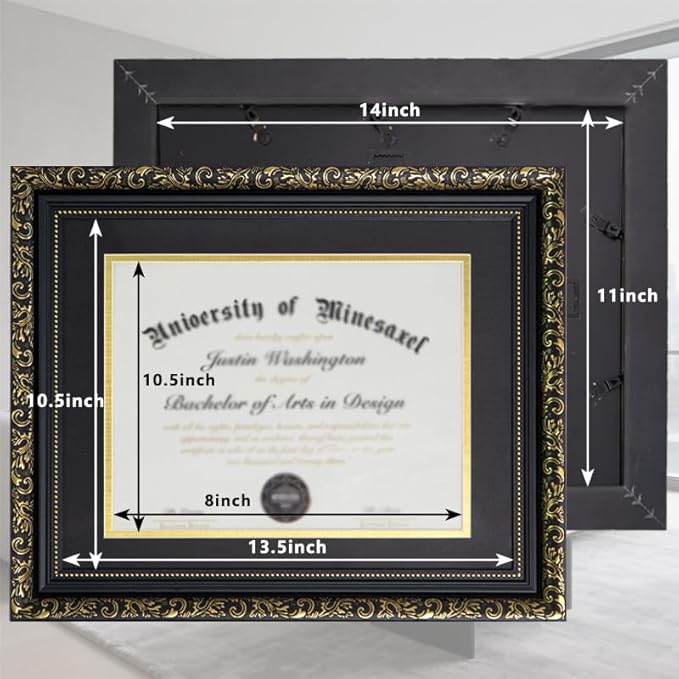 Graduation Diploma Frame Black with Gold Floral Pattern for 8.5"x11" Diploma