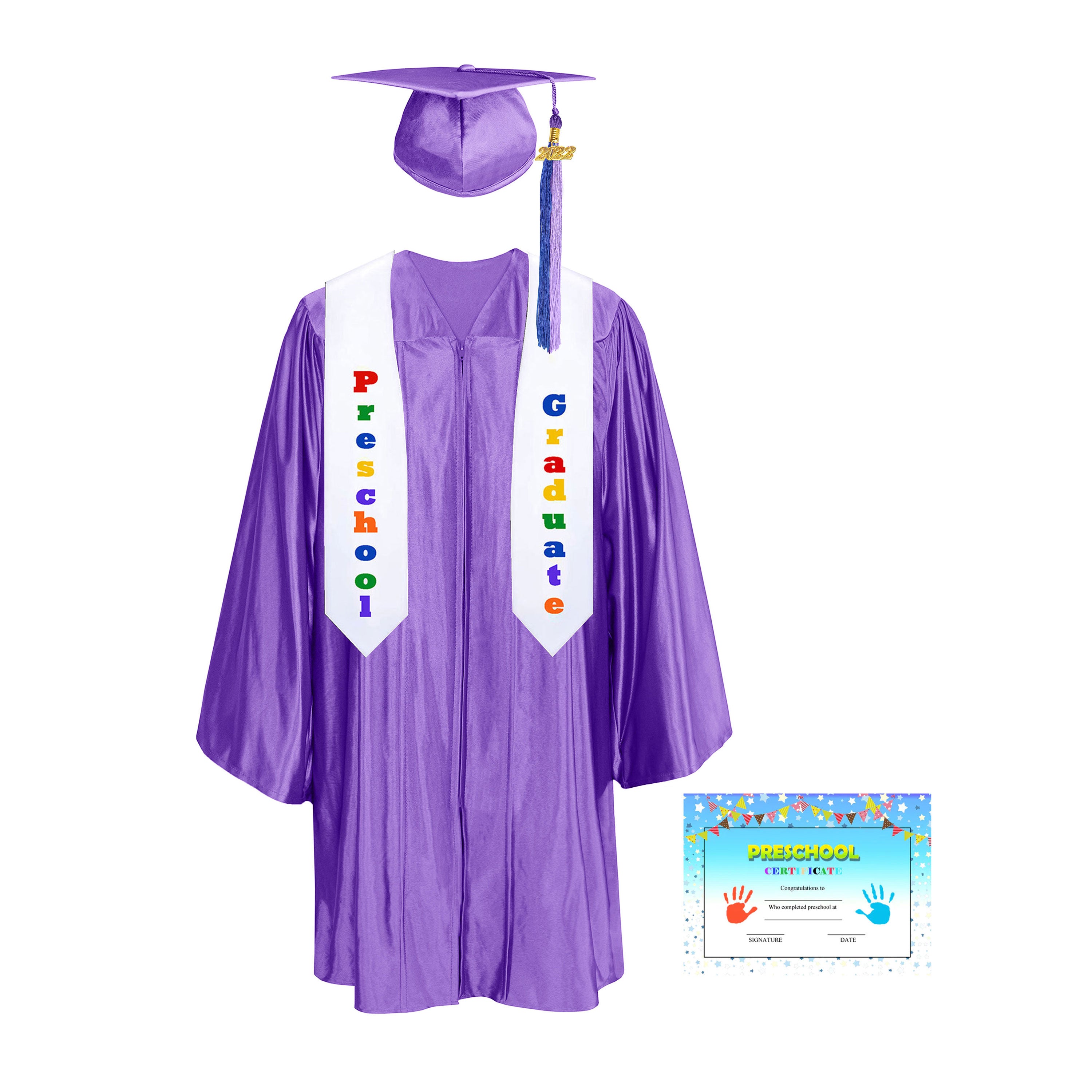 Shiny Kindergarten Graduation Colorful Tassel Cap, Gown, Stole & Diploma Shiny Kindergarten Graduation Colorful Tassel Cap, Gown, Stole & Diploma
