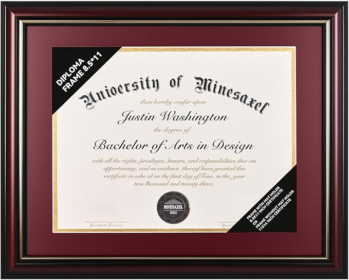 Solid Wood Diploma Frame 8.5 x 11 Certificate Frames with Red Mat or 11x14 Document without Mat as Graduation Picture Frame-CA graduation