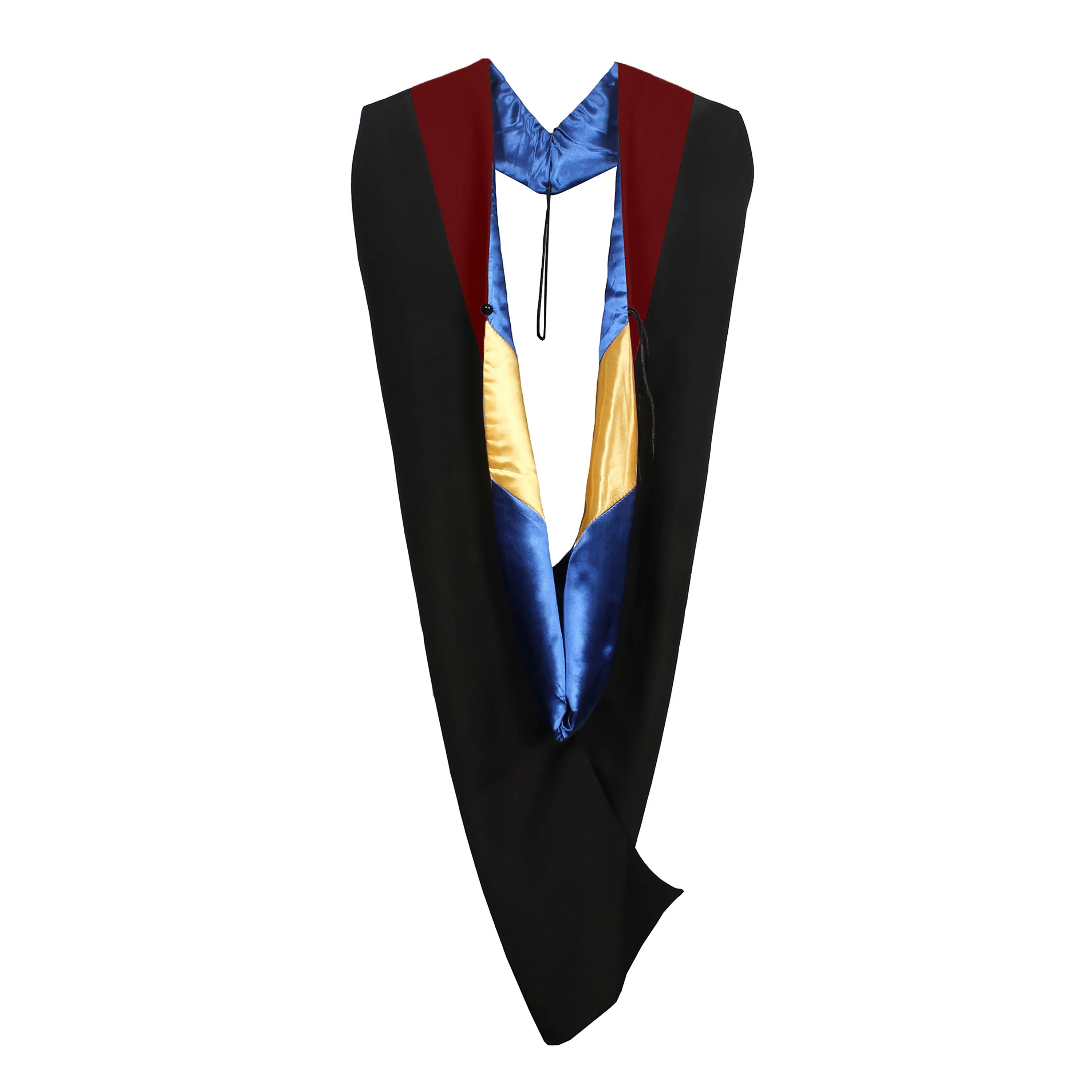 Deluxe Master Graduation Gown Cap with Tassel & Colorful Hood - CA Graduation Maroon-Royal Blue-Gold Deluxe Master Graduation Gown Cap with Tassel & Colorful Hood - CA Graduation Maroon-Royal Blue-Gold