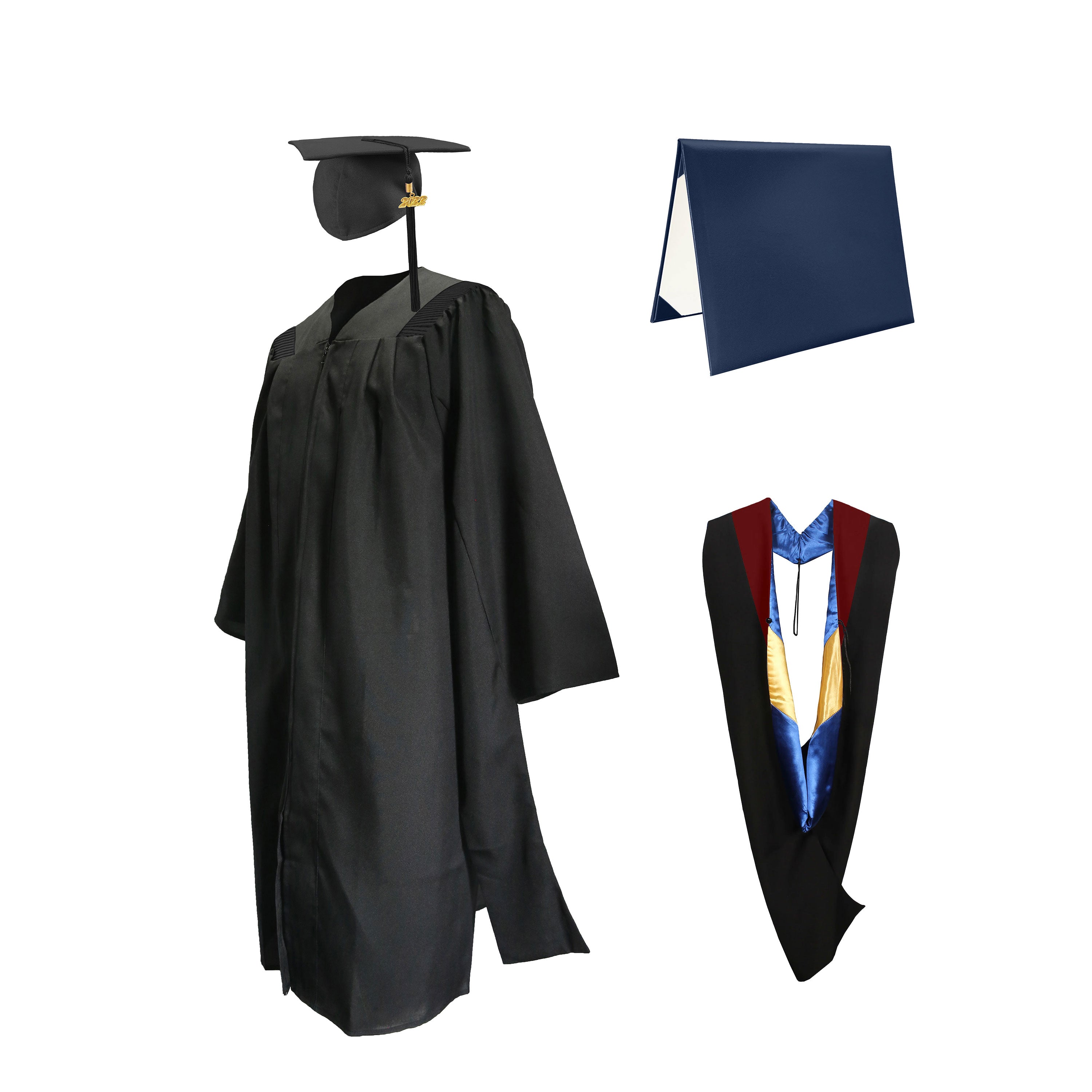 Deluxe Master Graduation Gown Cap with Tassel Charm 2023|2024& Master Graduation Hood in Various Color & Diploma Package-CA graduation