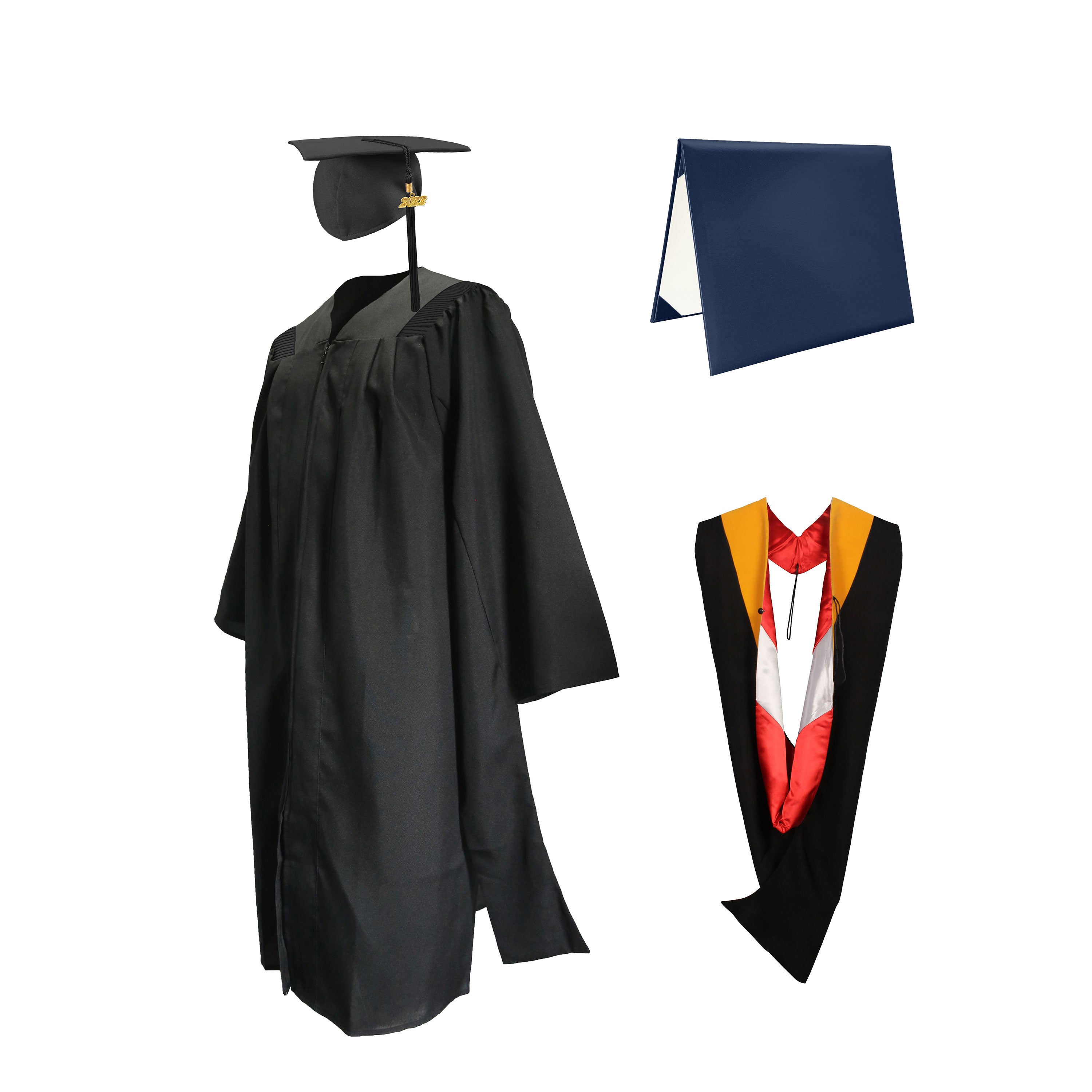 Deluxe Master Graduation Gown Cap with Tassel Charm 2023|2024& Master Graduation Hood in Various Color & Diploma Package-CA graduation