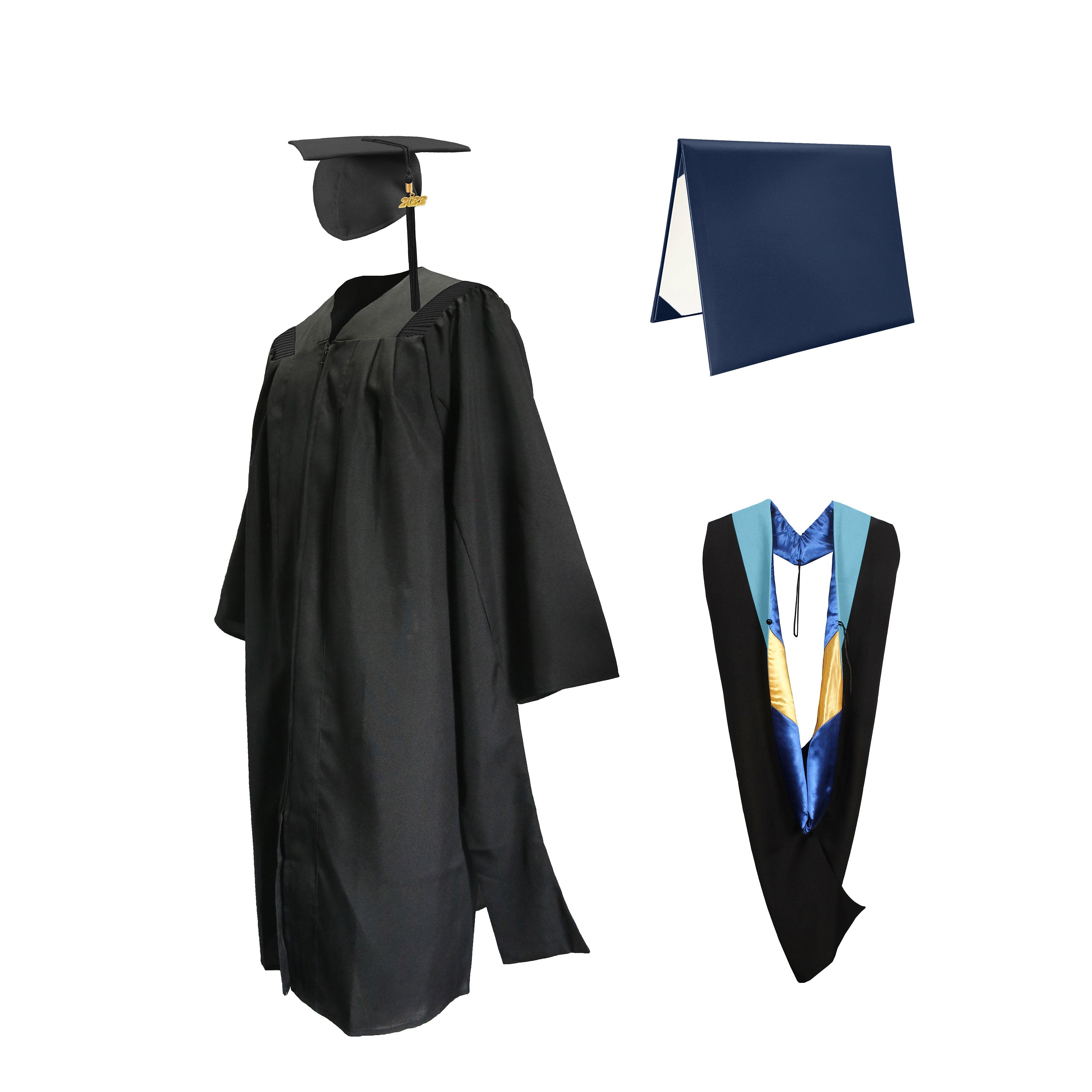 Deluxe Master Graduation Gown Cap with Tassel Charm 2023|2024& Master Graduation Hood in Various Color & Diploma Package-CA graduation