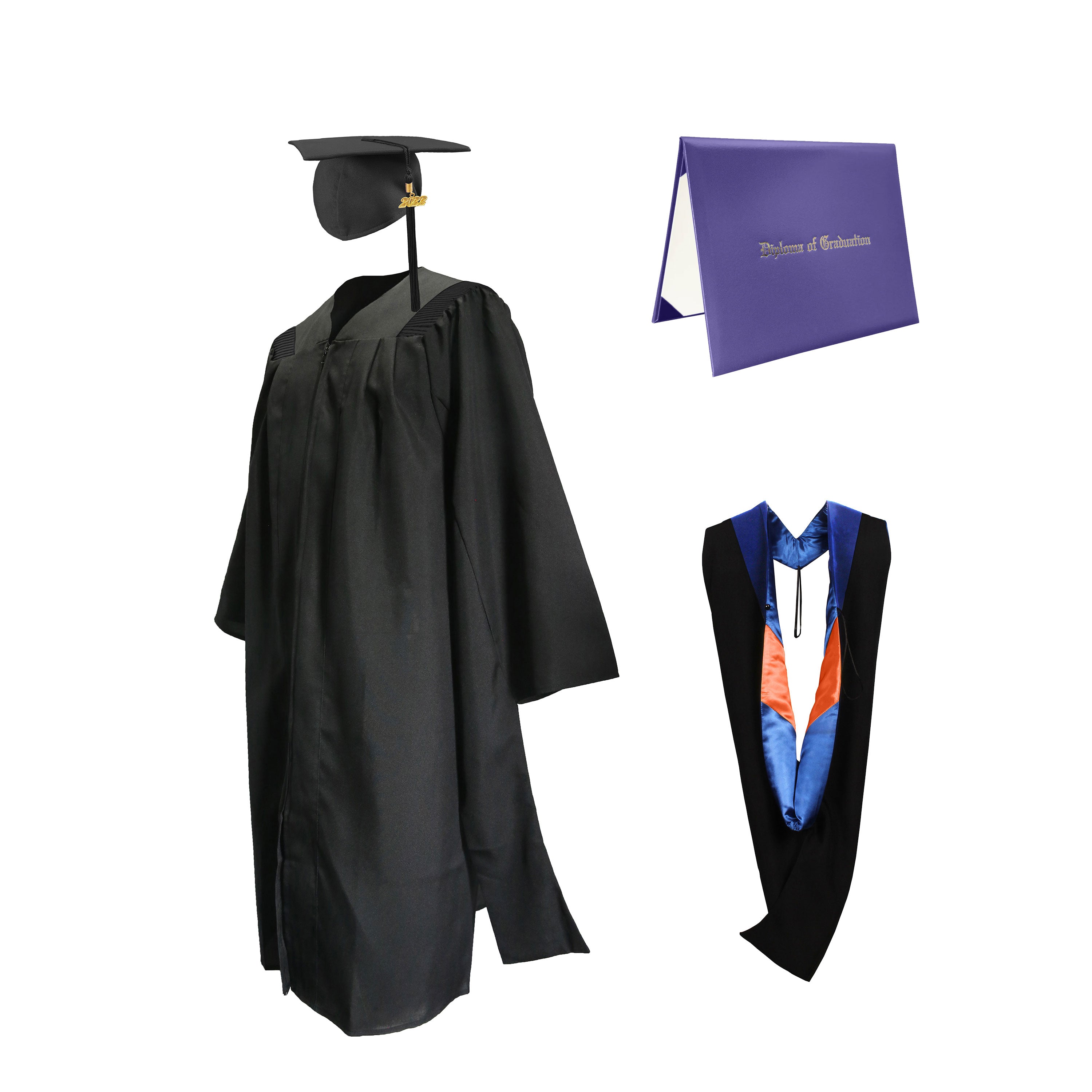 Deluxe Master Graduation Gown Cap with Tassel Charm 2023|2024& Master Graduation Hood in Various Color & Diploma Package-CA graduation