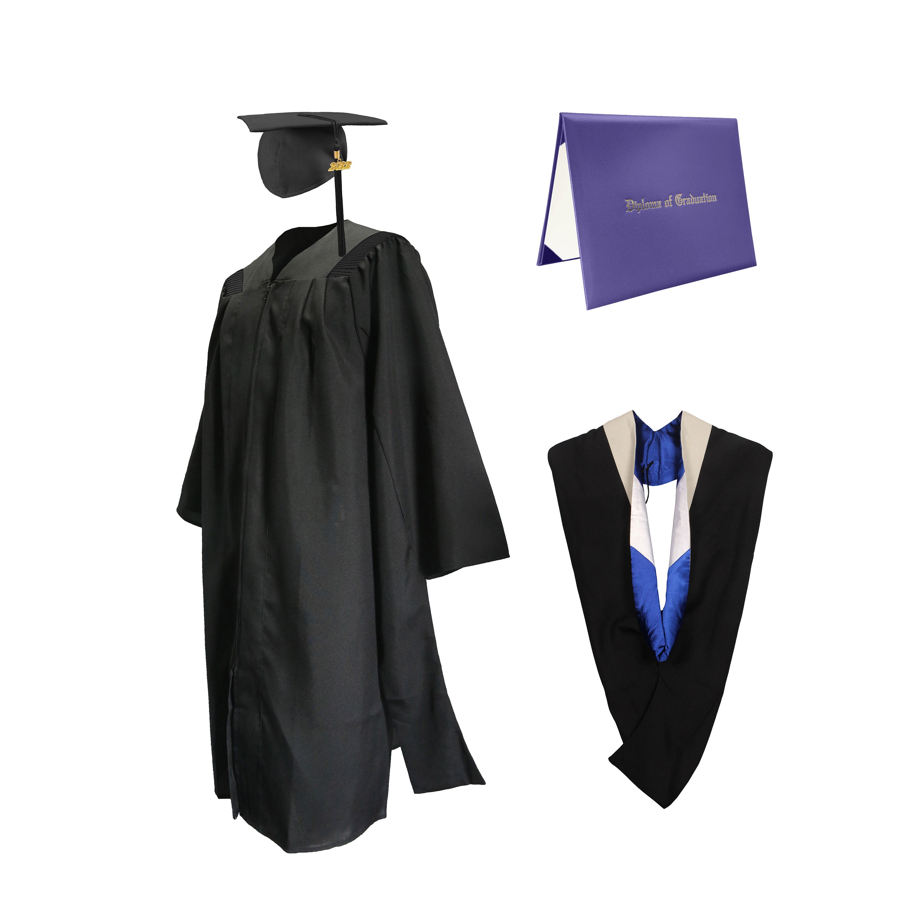 Deluxe Master Graduation Gown Cap with Tassel Charm 2023|2024& Master Graduation Hood in Various Color & Diploma Package-CA graduation