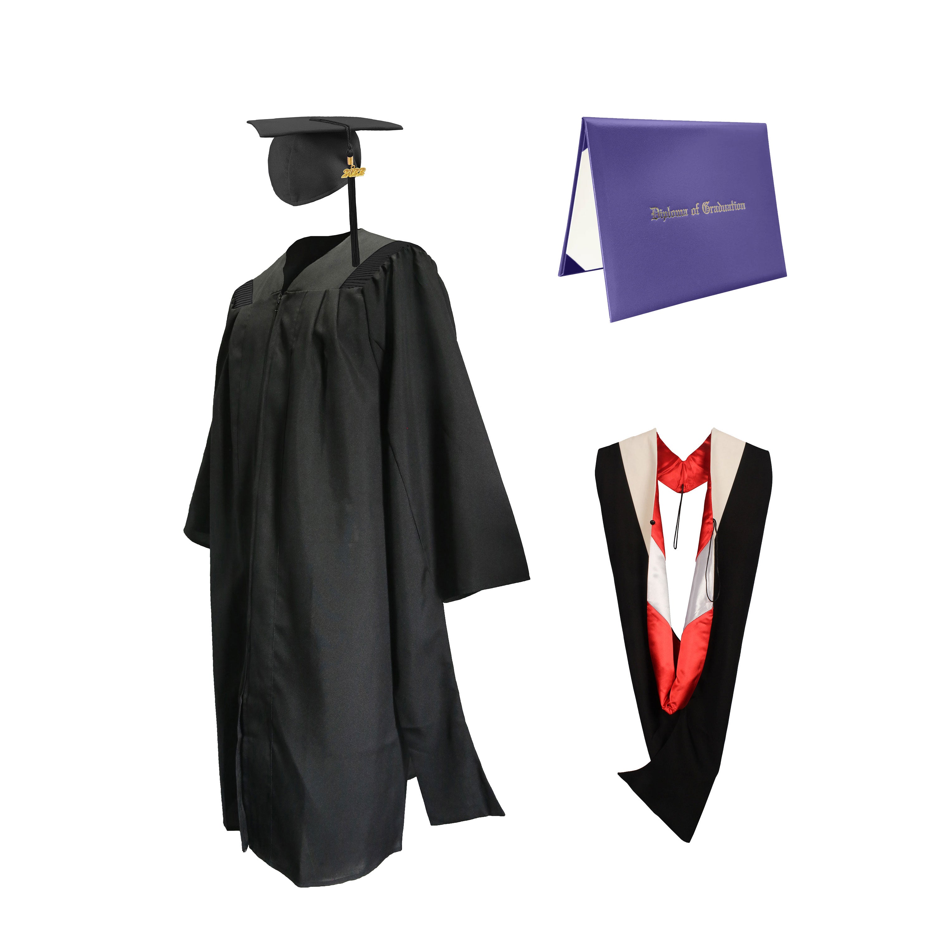 Deluxe Master Graduation Gown Cap with Tassel Charm 2023|2024& Master Graduation Hood in Various Color & Diploma Package-CA graduation